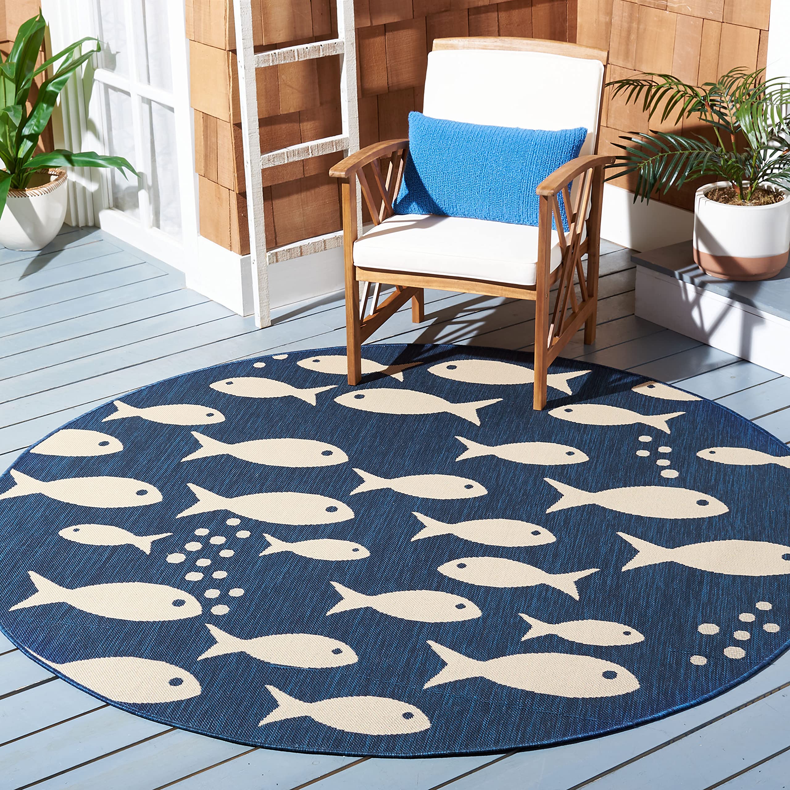 Safavieh Courtyard Collection 7'1' Round Navy/Beige Cy6012 Indoor/ Outdoor Waterproof Easy Cleaning Patio Backyard Mudroom Area