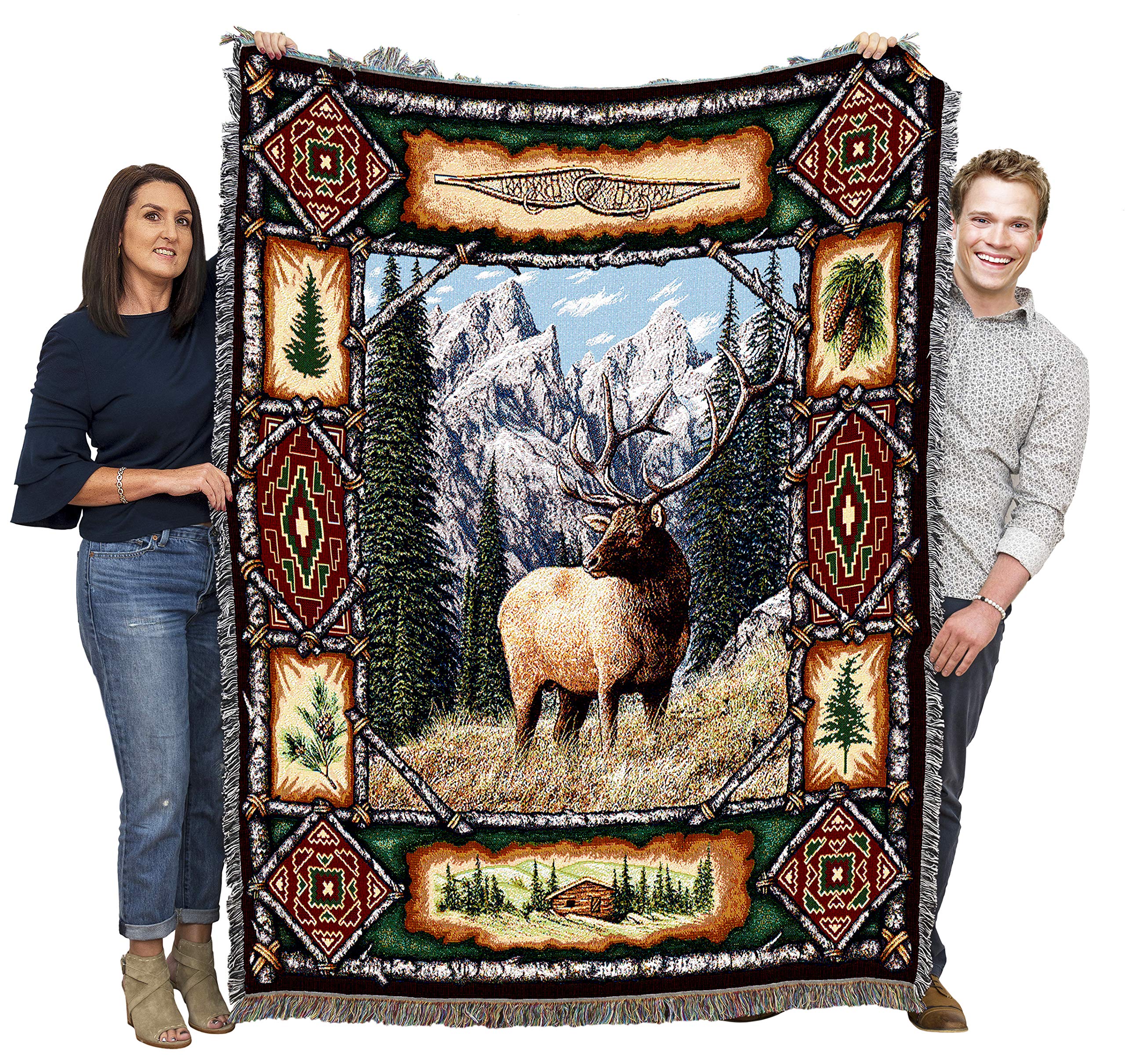 Pure Country Weavers Elk Lodge Blanket - Wildlife Cabin Gift Tapestry Throw Woven From Cotton - Made In The Usa (72X54)