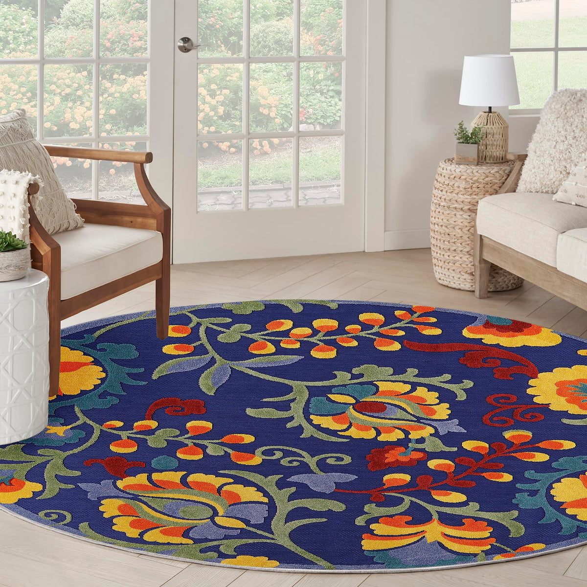 Nourison Aloha Indoor-Outdoor Navy Multicolor 7’10” X Round Area Rug, Easy Cleaning, Non Shedding, Bed Room, Living Room, Dining Room, Backyard, Deck, Patio (8 Round)