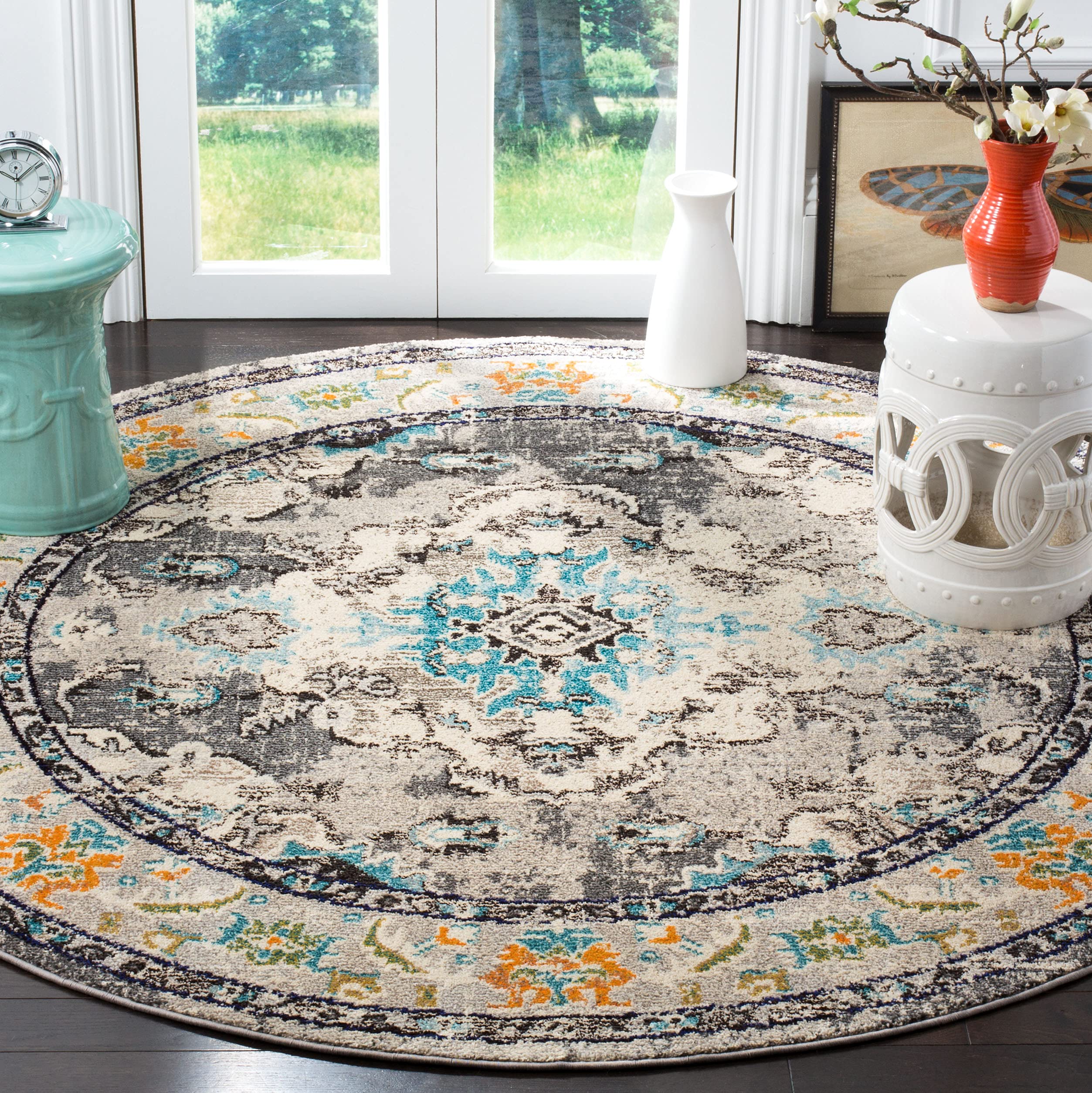 SAFAVIEH Monaco Collection 9 Round Grey/Light Blue MNC243G Boho Chic Medallion Distressed Non-Shedding Dining Room Entryway Foy