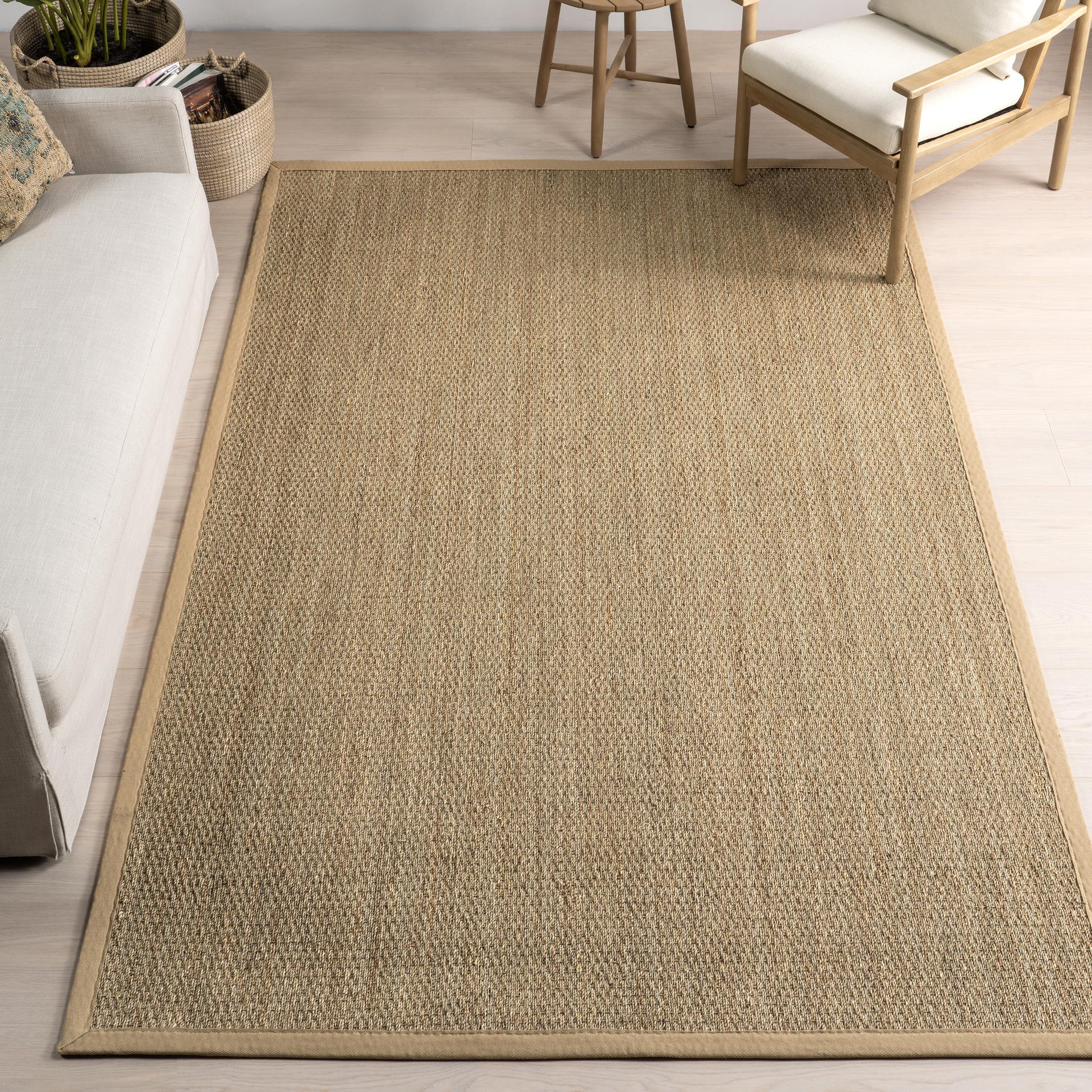 nuLOOM 8x10 Elijah Seagrass Area Rug, Beige, Solid Farmhouse Style, Cotton Bordered, Basketweave, Natural Fiber, For Bedroom, Di