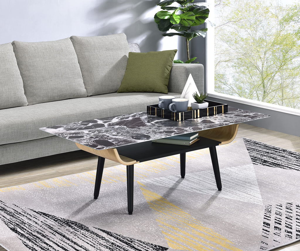 Lilola Home Landon Coffee Table with Glass Black Marble Texture Top and Bent Wood Design
