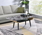 Lilola Home Landon Coffee Table with Glass Black Marble Texture Top and Bent Wood Design