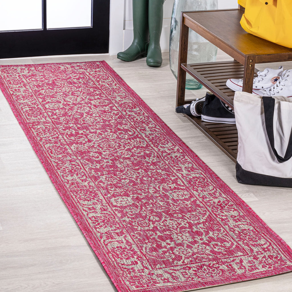 Jonathan Y Smb100G-28 Tela Bohemian Textured Weave Floral Indoor Outdoor Area Rug, Coastal Traditional Transitional Easy Cleaning,Bedroom,Kitchen,Backyard,Patio, Fuchsia/Light Gray, 2 X 8