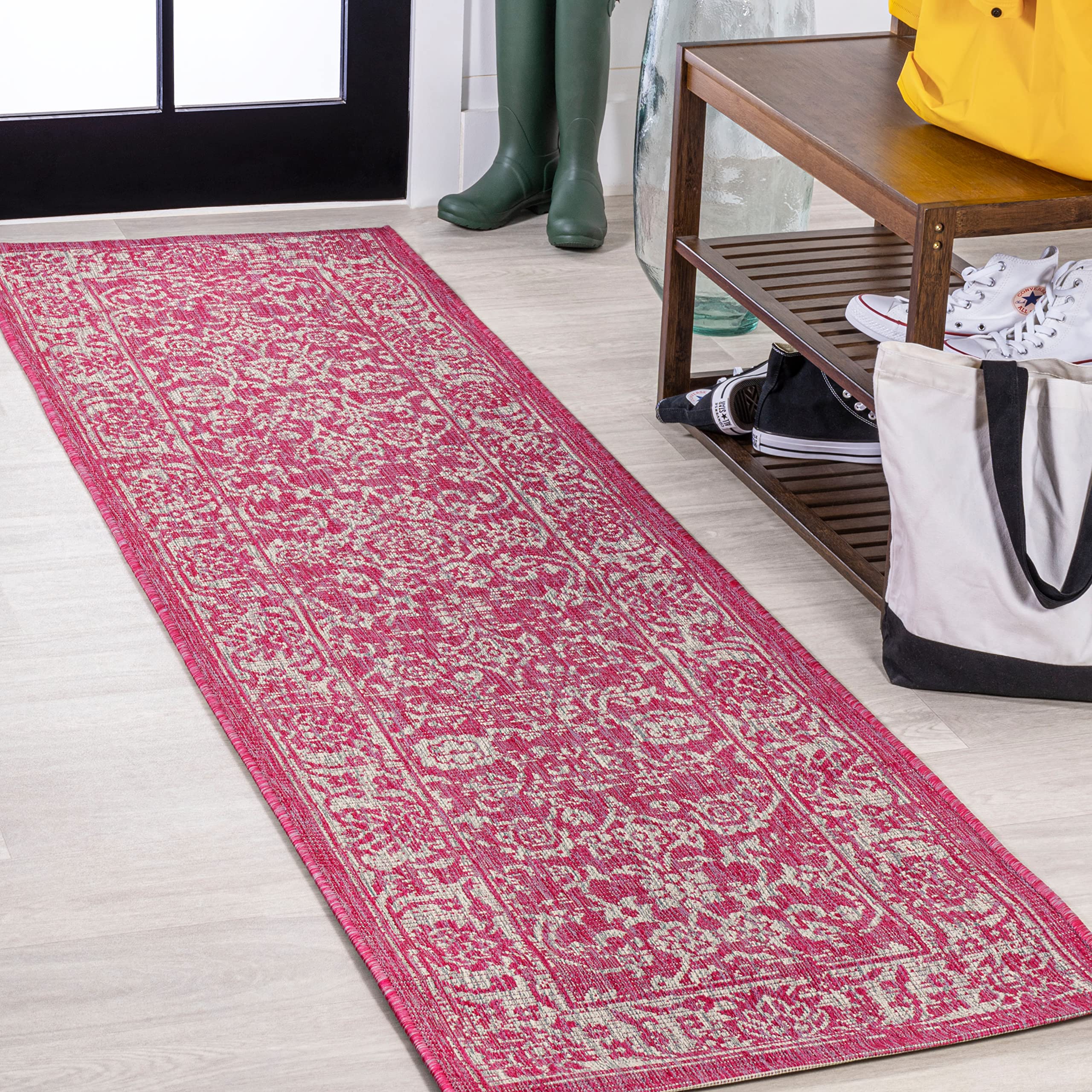Jonathan Y Smb100G-28 Tela Bohemian Textured Weave Floral Indoor Outdoor Area Rug, Coastal Traditional Transitional Easy Cleaning,Bedroom,Kitchen,Backyard,Patio, Fuchsia/Light Gray, 2 X 8