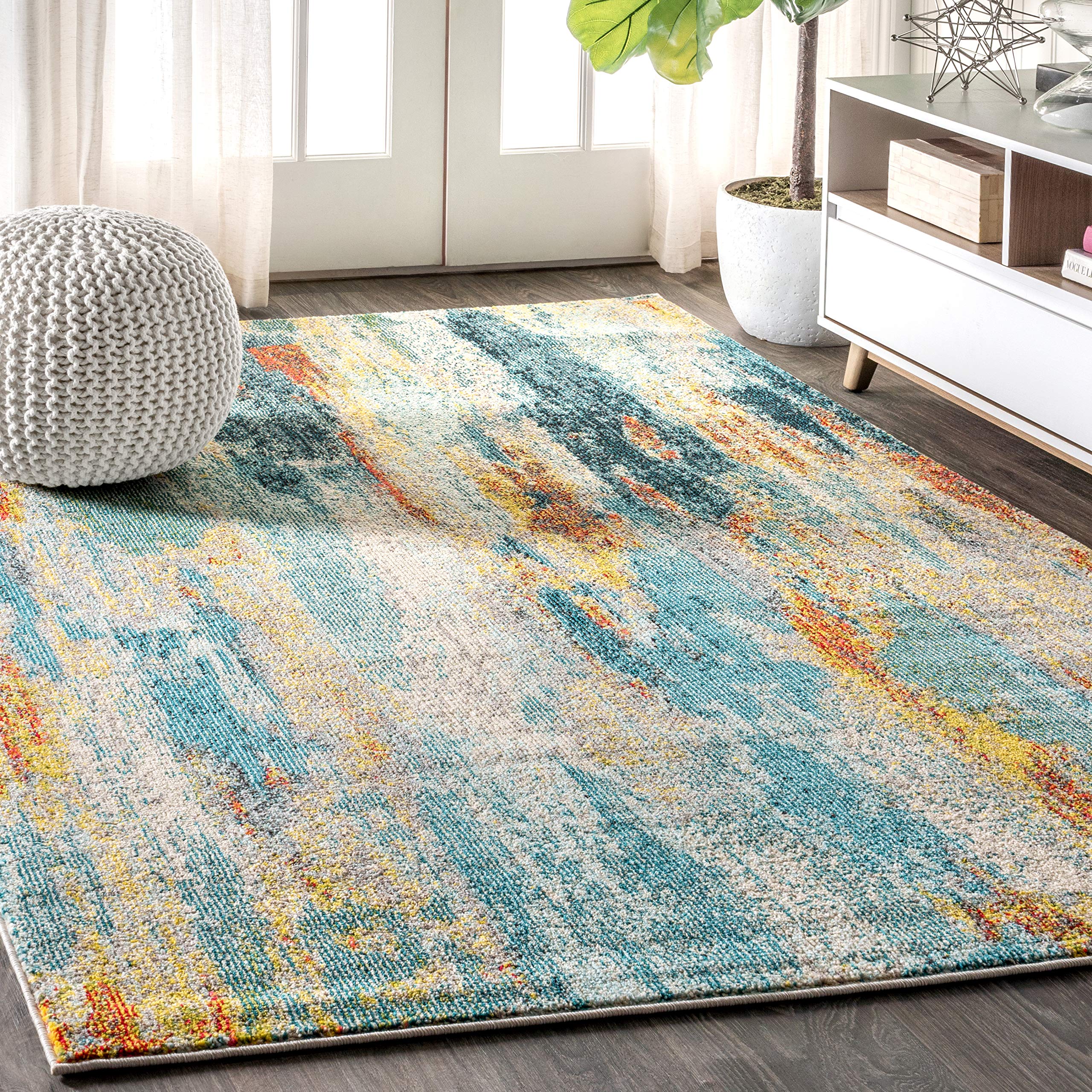 JONATHAN Y CTP106B-5 Contemporary POP Modern Abstract Vintage Waterfall Blue/Cream/Yellow 5 ft. x 8 ft. Area-Rug, Bohemian,Easy-