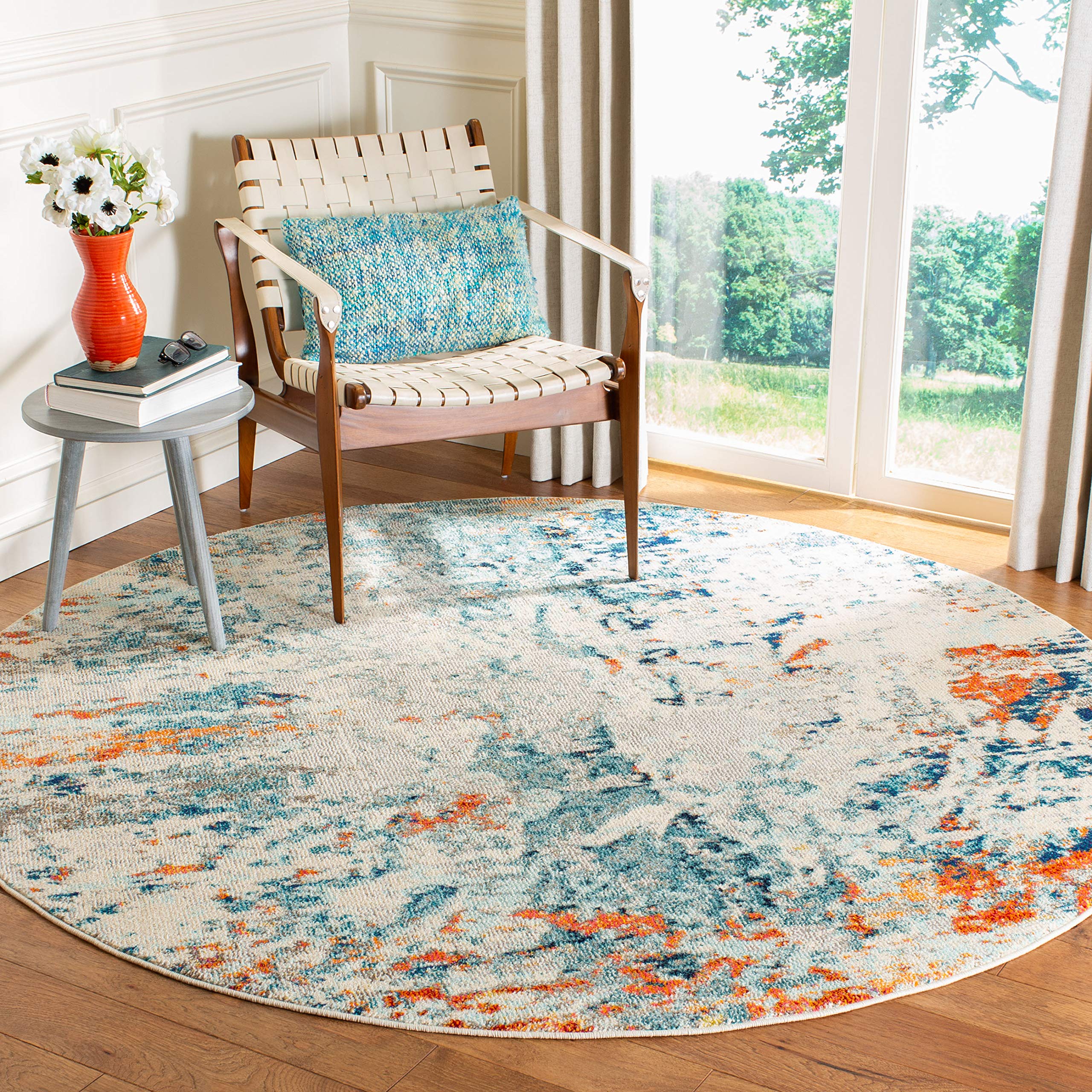 SAFAVIEH Madison Collection 67 Round Cream / Orange MAD478B Modern Abstract Non-Shedding Dining Room Entryway Foyer Living Room