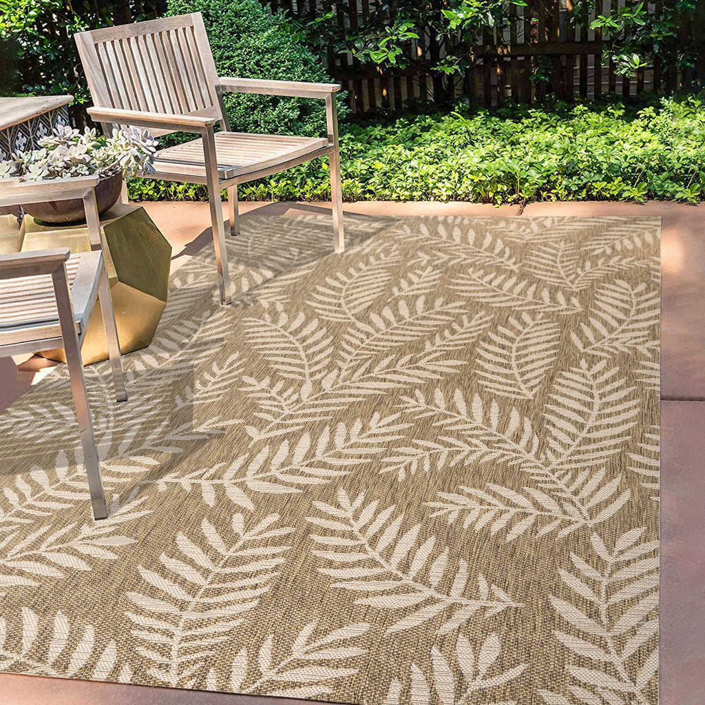 Jonathan Y Smb119A-9 Nevis Palm Frond Indoor Outdoor Area-Rug Coastal Floral Easy-Cleaning Bedroom Kitchen Backyard Patio Non Shedding, 9 X 12, Brown/Beige