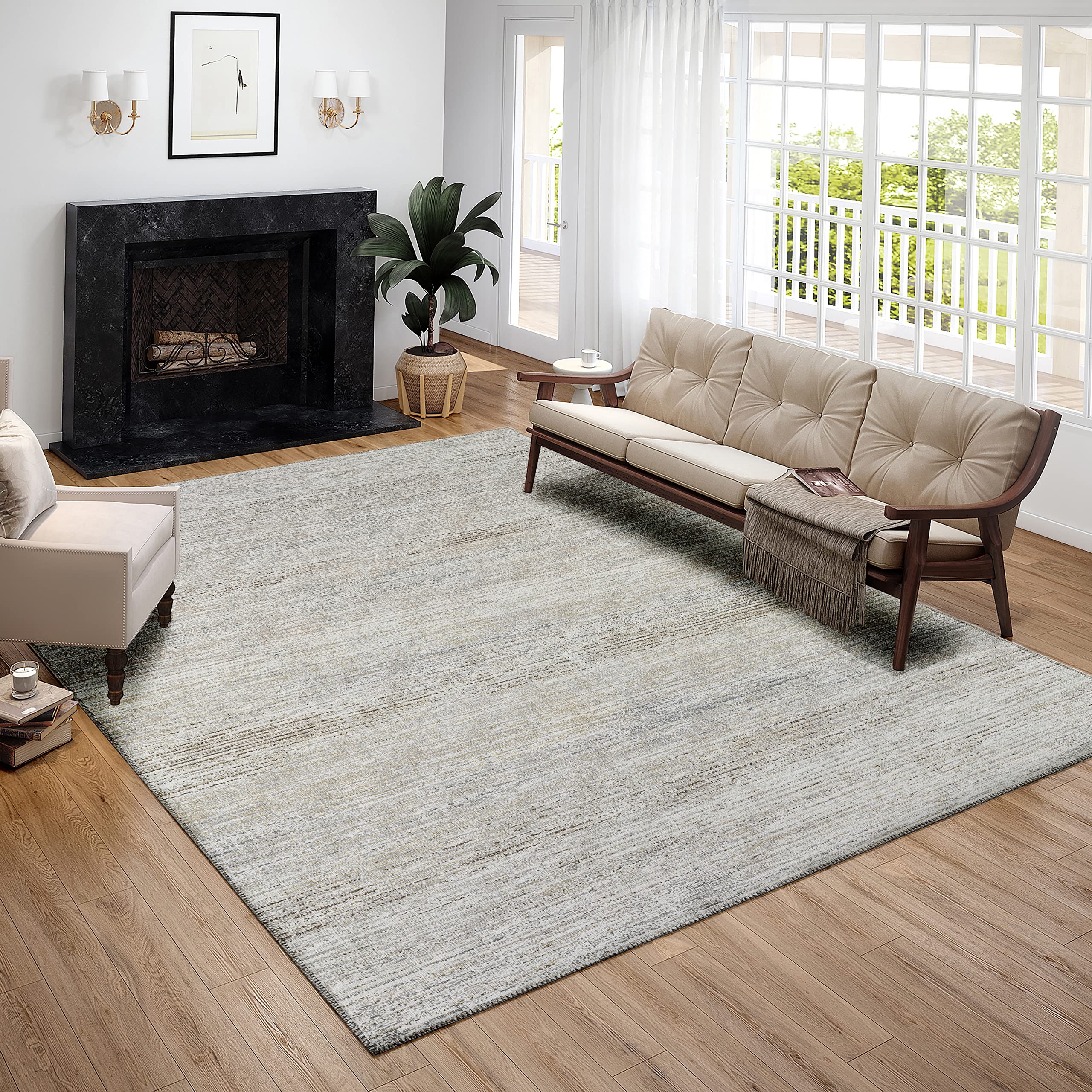 Addison Rugs Marston 5' X 7'6" Transitional Beige Indoor Outdoor Area Rug, Stain Resistant, Machine Washable, Non Shedding, Bedroom, Living Room, Dining Room, Kitchen Rug