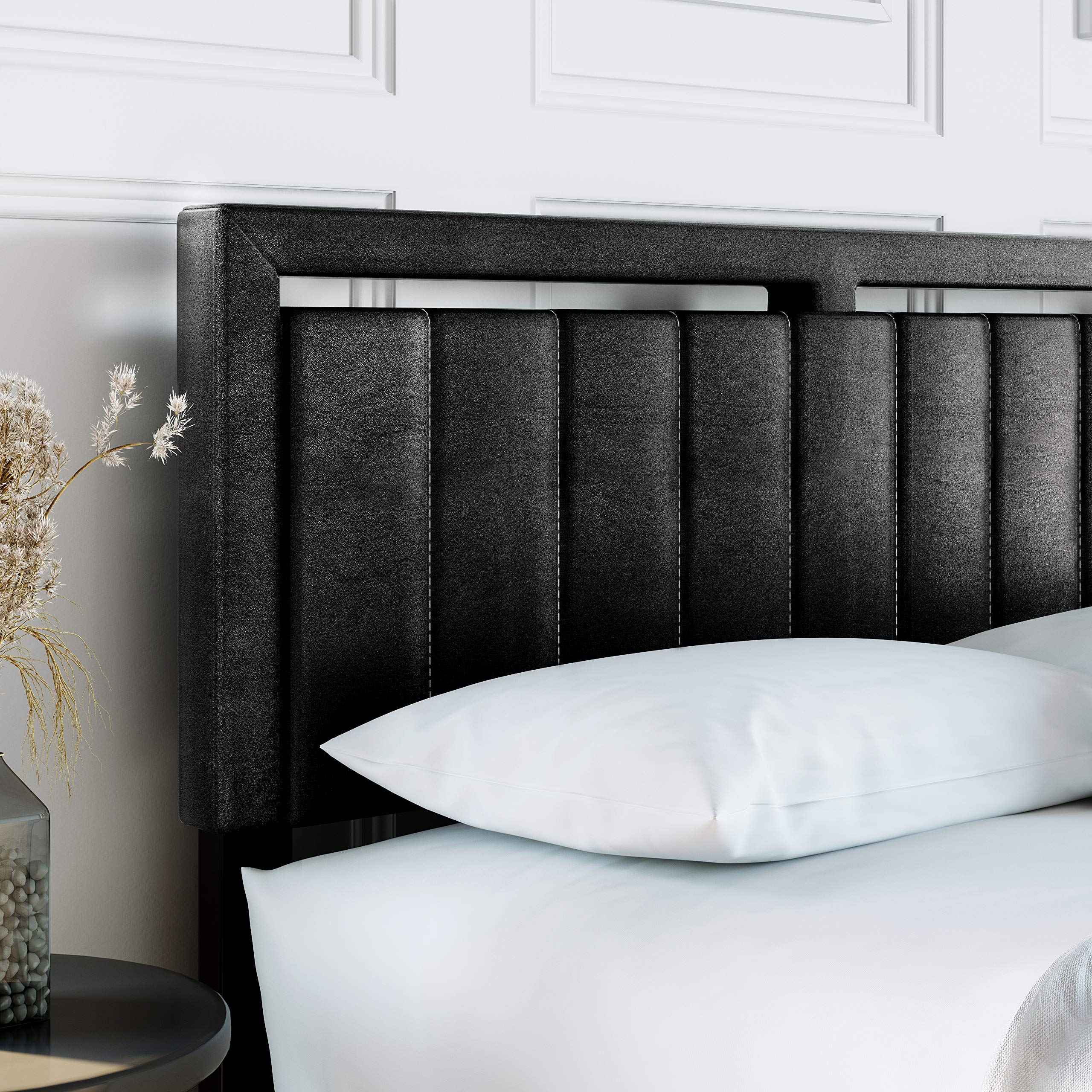 Boyd Sleep Beaumont Upholstered Platform Bed with Headboard, Mattress Foundation with Strong 14 Wood Slat Supports, No Box Spring Required, Black Faux Leather, Size Full