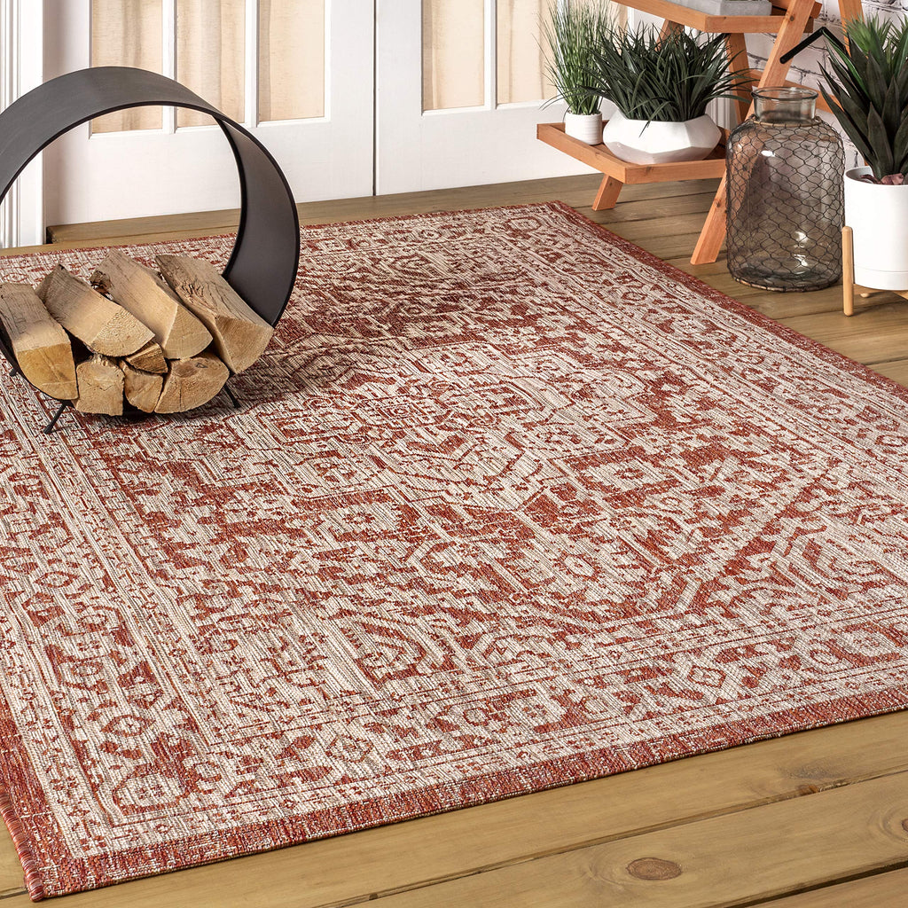 Jonathan Y Smb101A-8 Sinjuri Medallion Textured Weave Indoor Outdoor Area-Rug Coastal Bohemian Rustic Glam Easy-Cleaning Bedroom Kitchen Backyard Patio Non Shedding, 8 X 10, Red/Taupe