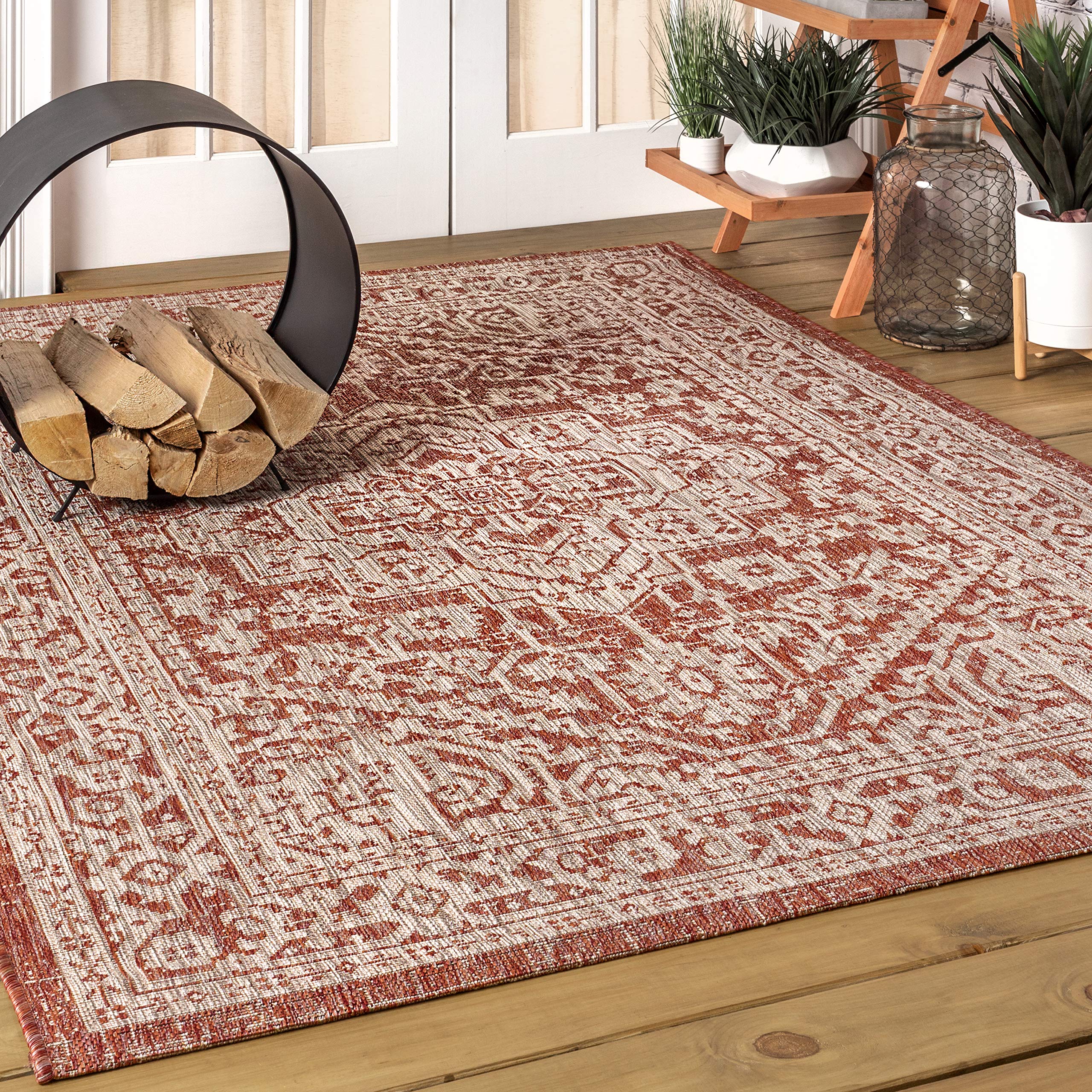 Jonathan Y Smb101A-8 Sinjuri Medallion Textured Weave Indoor Outdoor Area-Rug Coastal Bohemian Rustic Glam Easy-Cleaning Bedroom Kitchen Backyard Patio Non Shedding, 8 X 10, Red/Taupe