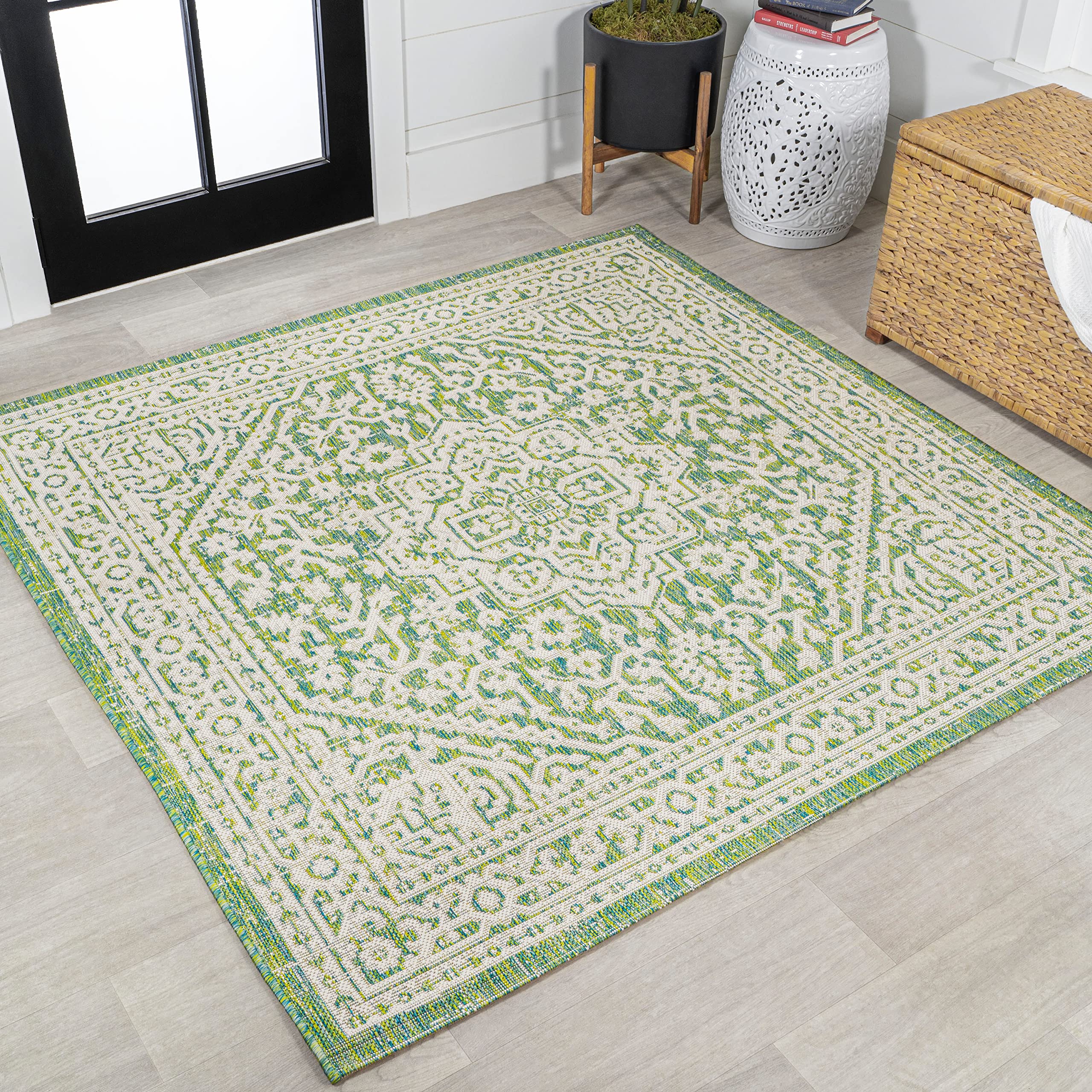 Jonathan Y Smb101H-5Sq Sinjuri Medallion Textured Weave Indoor Outdoor Area Rug, Coastal, Traditional, Transitional Easy Cleanin