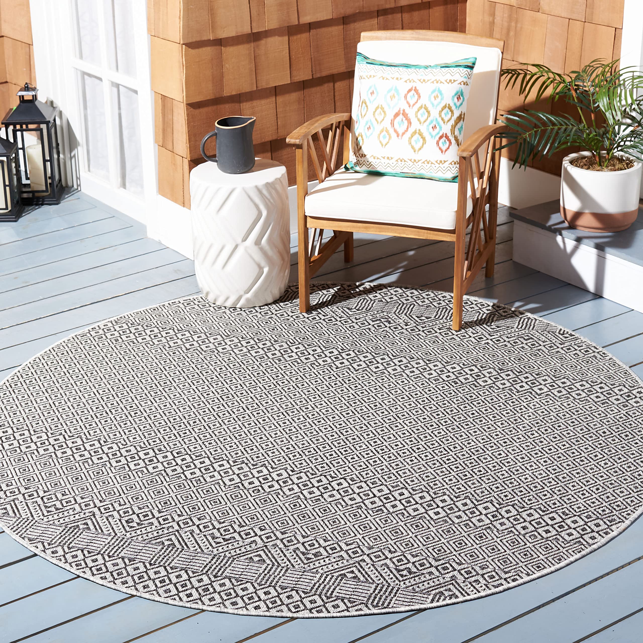 Safavieh Courtyard Collection 7'1' Round Grey/Black Cy8235 Indoor/ Outside Waterproof Easy Cleansingpatio Backyard Mudroom Area Mat