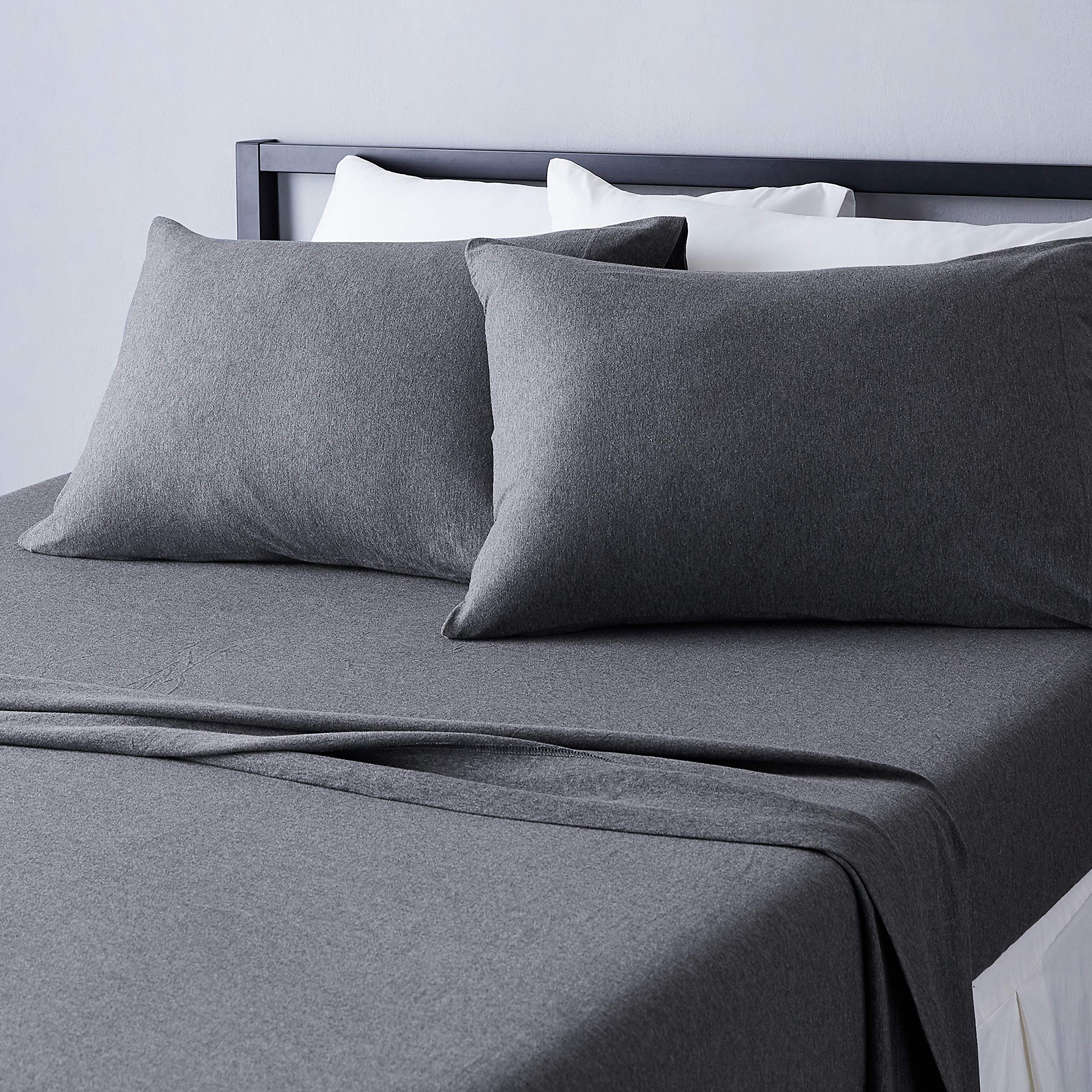 Amazon Basics 4 Piece Bed Sheets Set, 100% Cotton Jersey, Includes Super Soft, Flat and Fitted Sheets, Pillowcase, King, Dark Gr