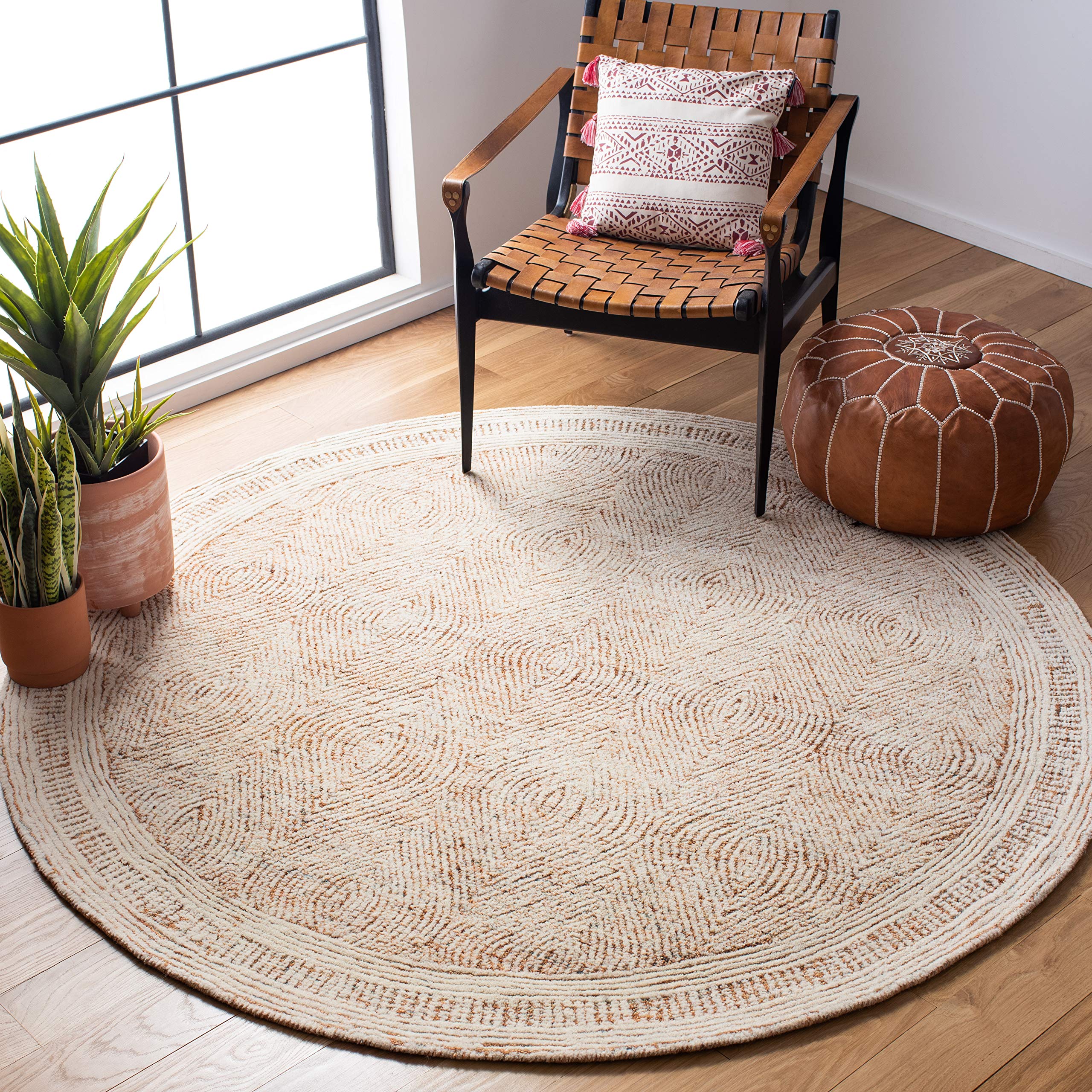 SAFAVIEH Abstract Collection Area Rug - 6 Round, Ivory & Rust, Handmade Wool, Ideal for High Traffic Areas in Living Room, Bedr