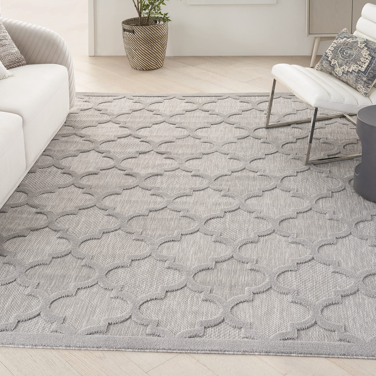 Nourison Easy Care Moroccan Silver Grey 9' X 12' Area Rug, Trellis, Easy Cleaning, Non Shedding, Bed Room, Living Room, Dining Room, Backyard, Deck, Patio (9X12)