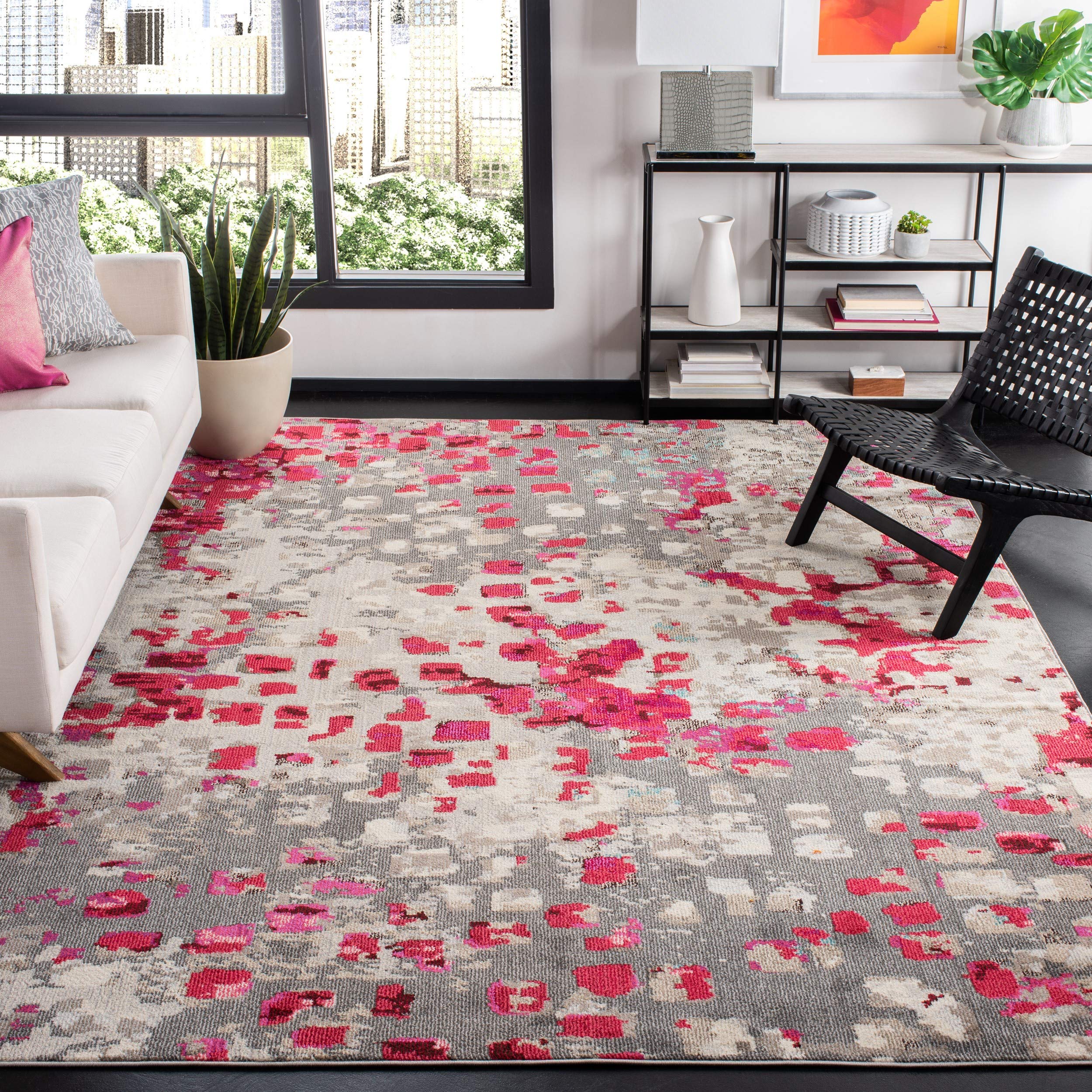SAFAVIEH Madison Collection 67 Square Grey / Red MAD425R Boho Abstract Distressed Non-Shedding Living Room Bedroom Dining Home 