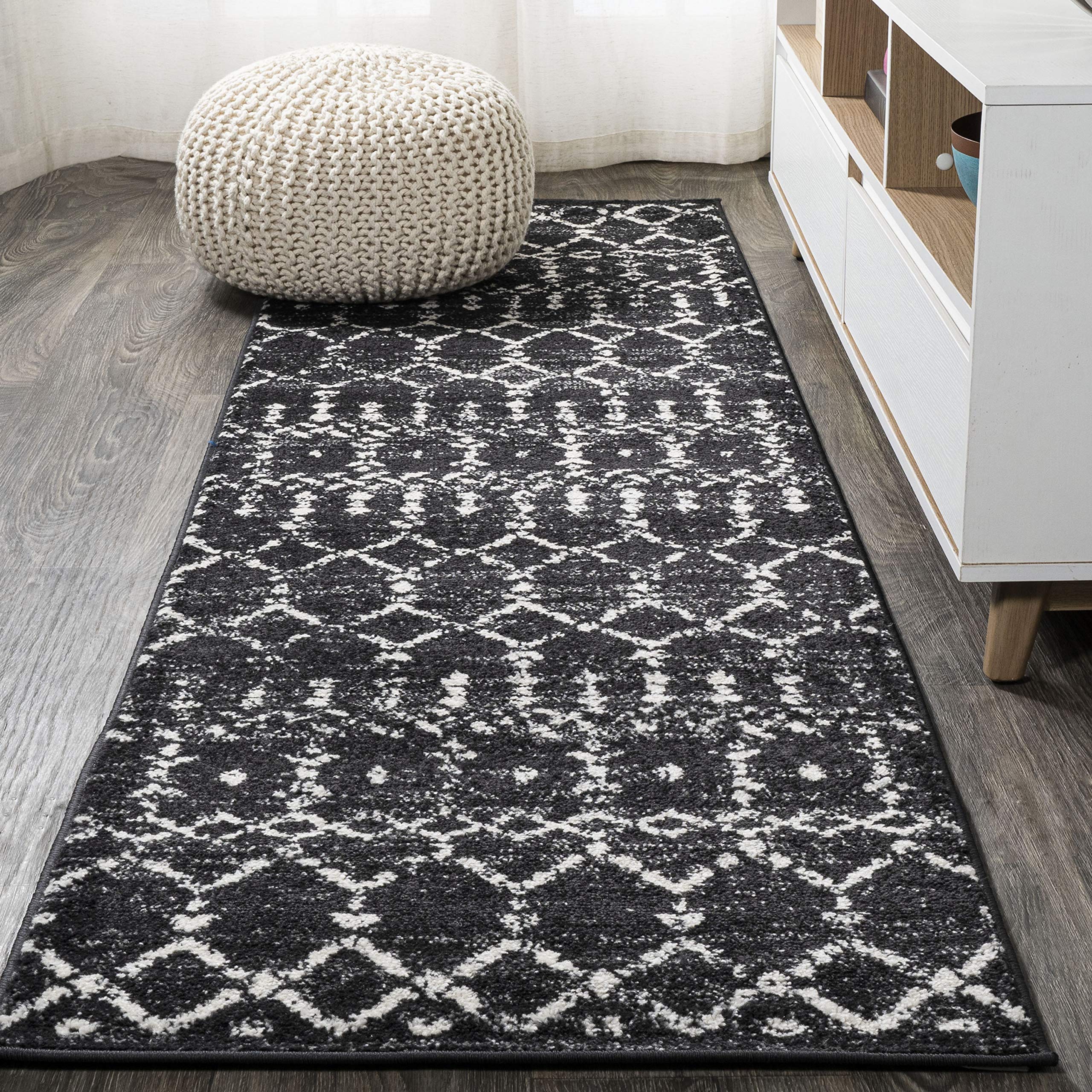 JONATHAN Y MOH101D-220 Moroccan Hype Boho Vintage Diamond Black/Ivory 2 ft. x 20 ft. Runner Rug, Pet Friendly, Non Shedding, Sta