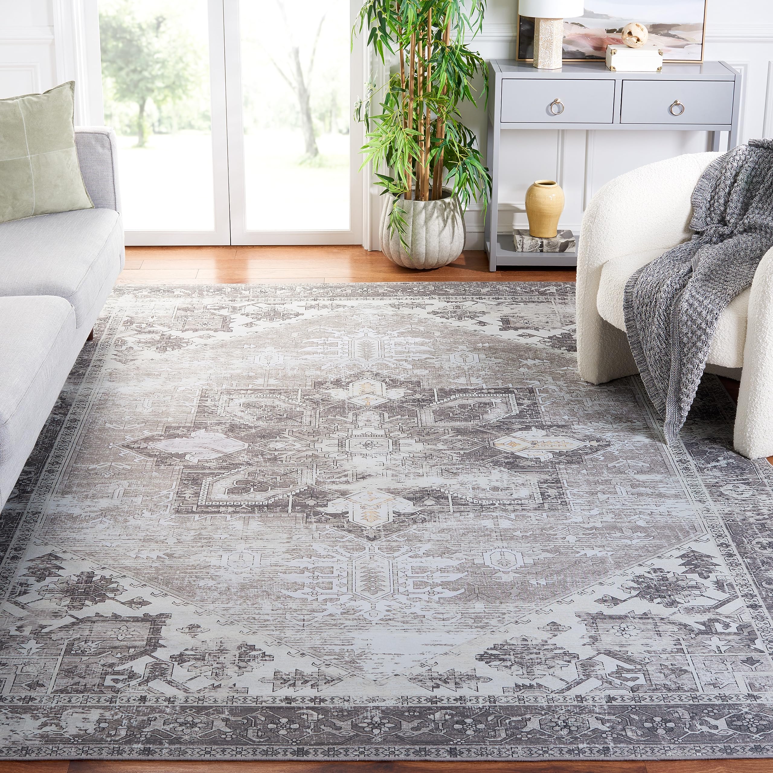 SAFAVIEH Tucson Collection Area Rug - 10 x 14, Sage & Ivory, Persian Medallion Design, Non-Shedding Machine Washable & Slip Re