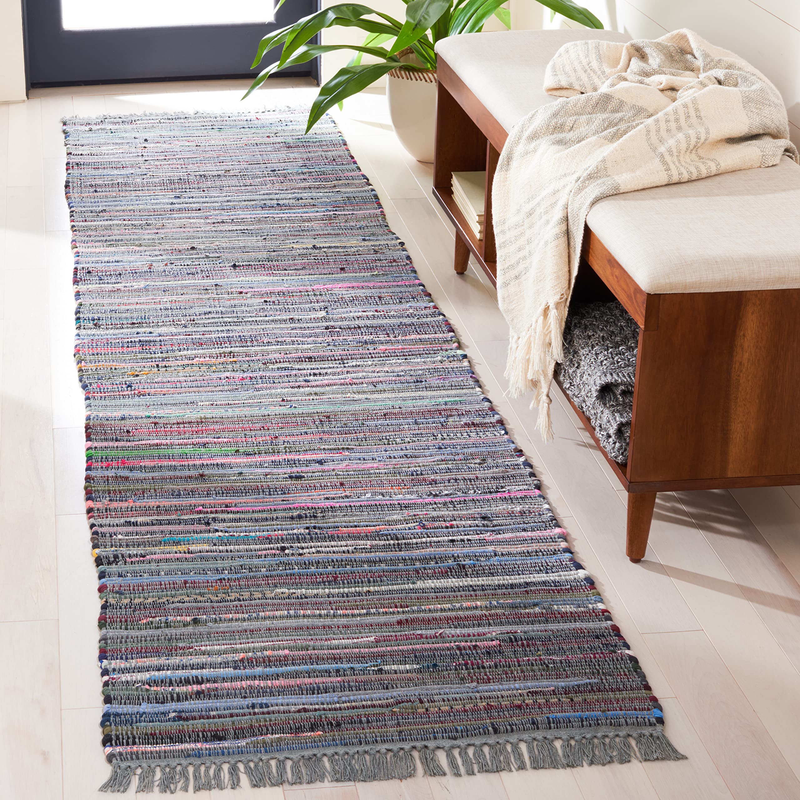 SAFAVIEH Rag Rug Collection Runner Rug - 23 x 8, Aqua & Multi, Handmade Boho Stripe Cotton, Ideal for High Traffic Areas in Li