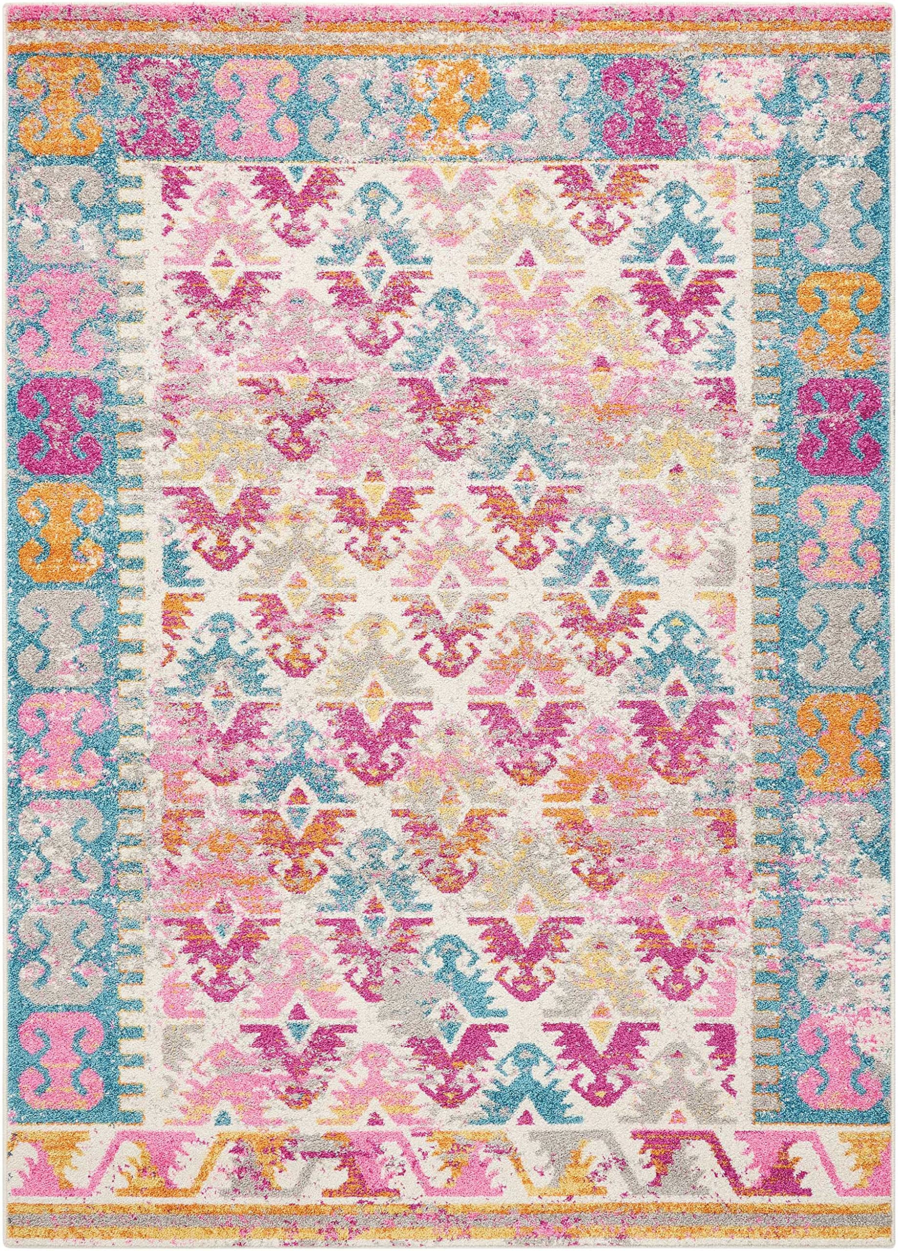 HomeRoots 100% Polypropylene 4’ x 6’ Ivory and Magenta Tribal Pattern Area Rug