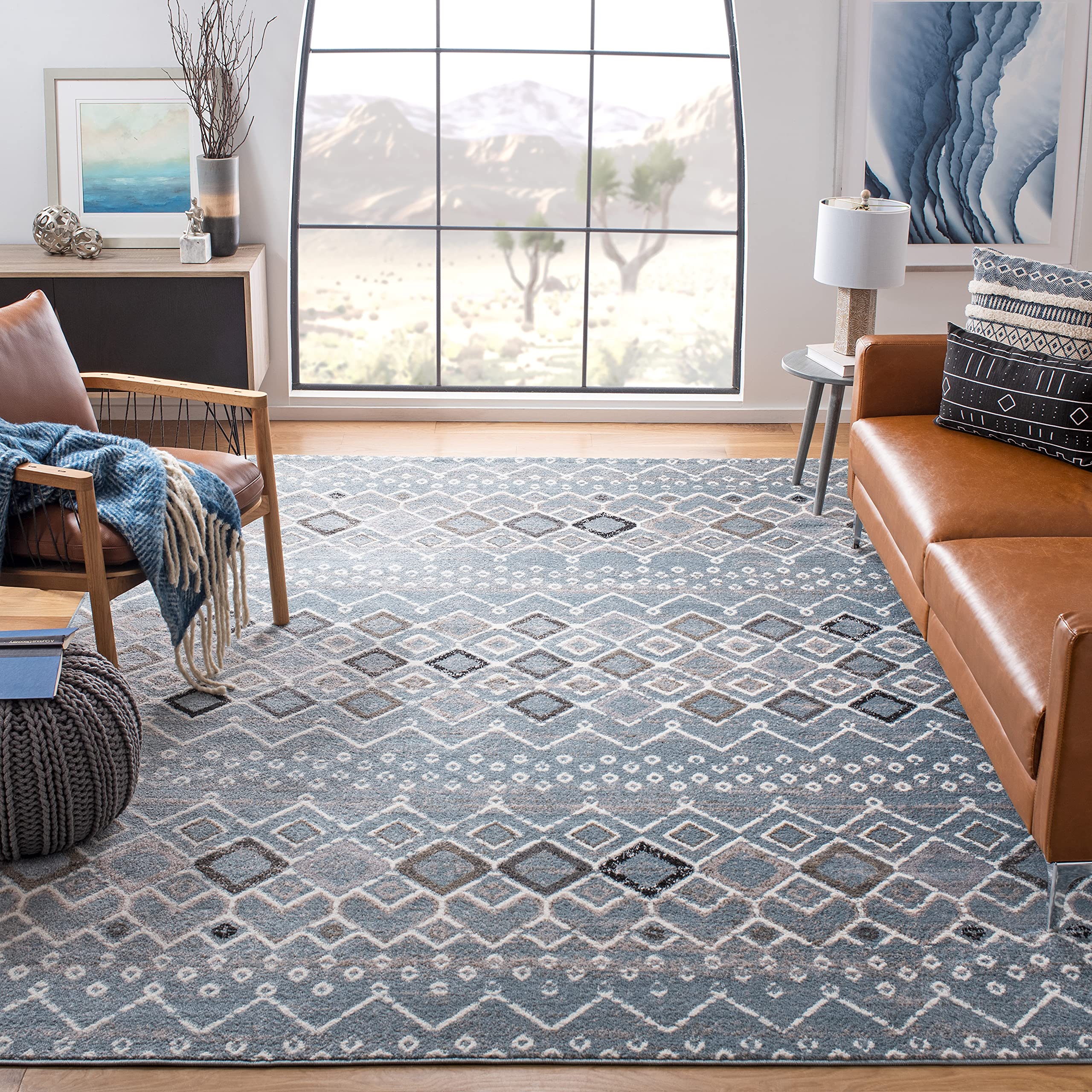 SAFAVIEH Amsterdam Collection X-Large Area Rug - 11' x 15', Blue & Ivory, Moroccan Boho Design, Non-Shedding & Easy Care, Ideal 