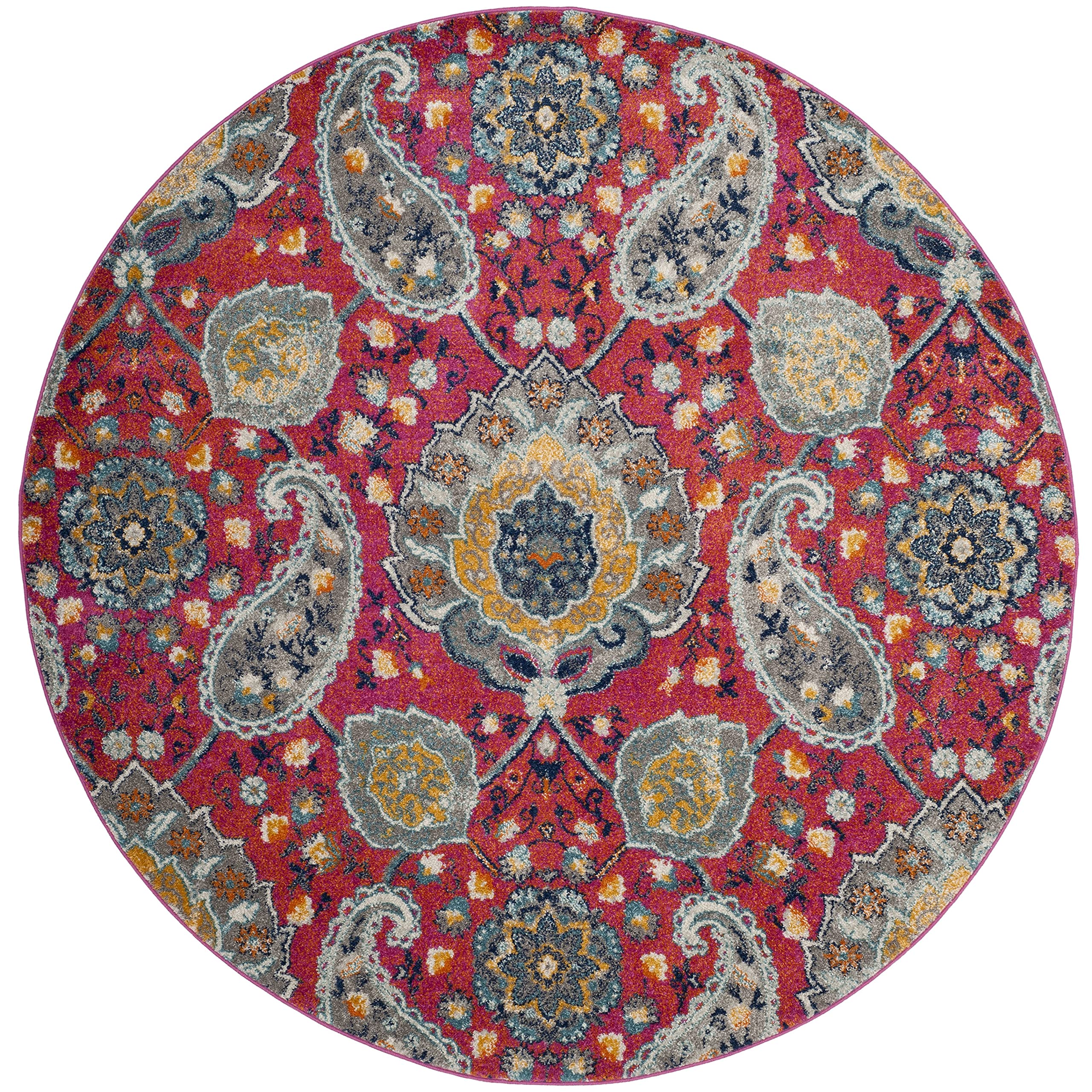 Safavieh Madison Collection 4' Round Fuchsia / Gold Mad600A Boho Chic Glam Paisley Non-Shedding Dining Room Entryway Foyer Livin