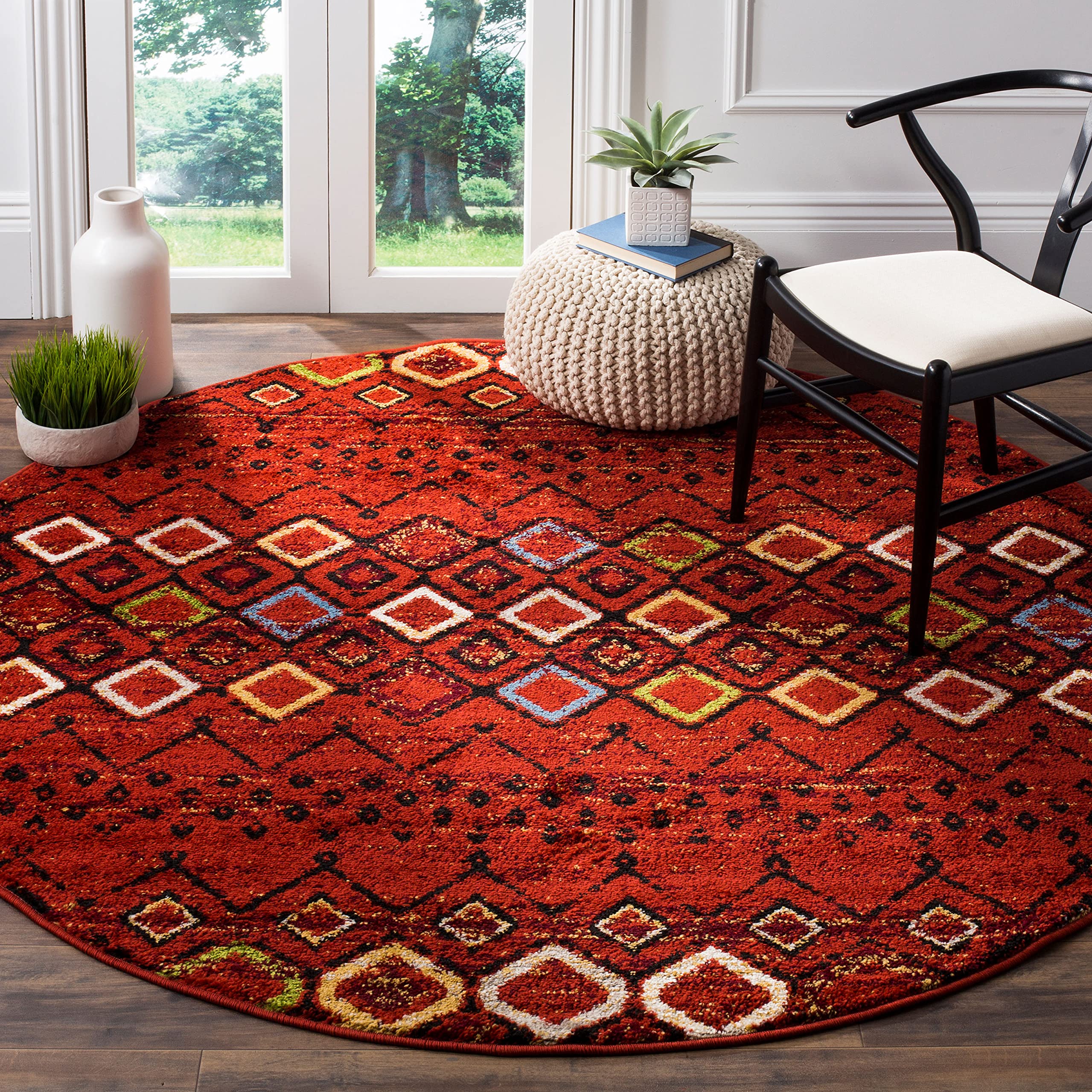 SAFAVIEH Amsterdam Collection 8' Round Terracotta/Multi AMS108D Moroccan Boho Non-Shedding Living Room Dining Bedroom Foyer Area