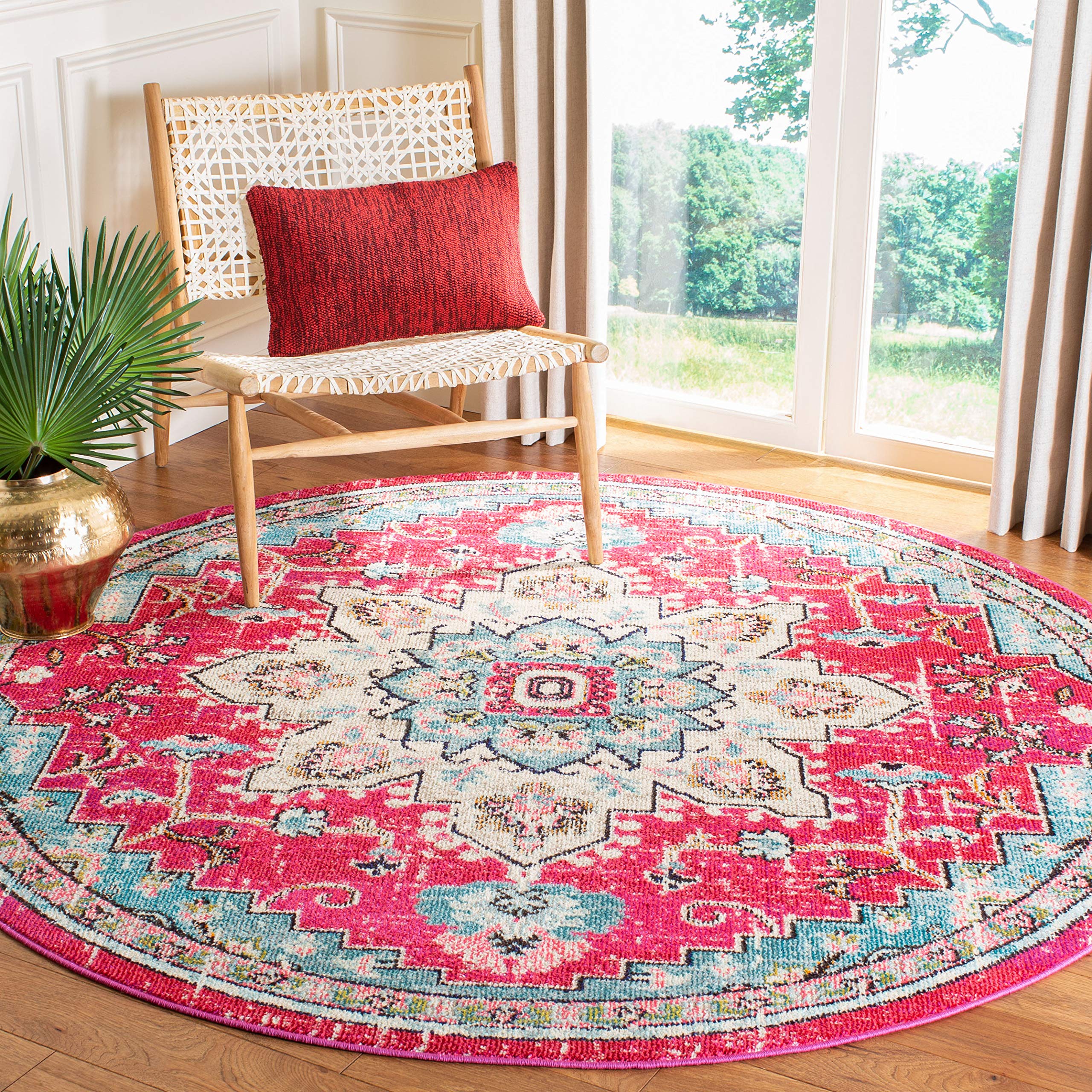 SAFAVIEH Madison Collection Accent Rug - 4 Round, Fuchsia & Blue, Boho Chic Medallion Distressed Design, Non-Shedding & Easy Ca