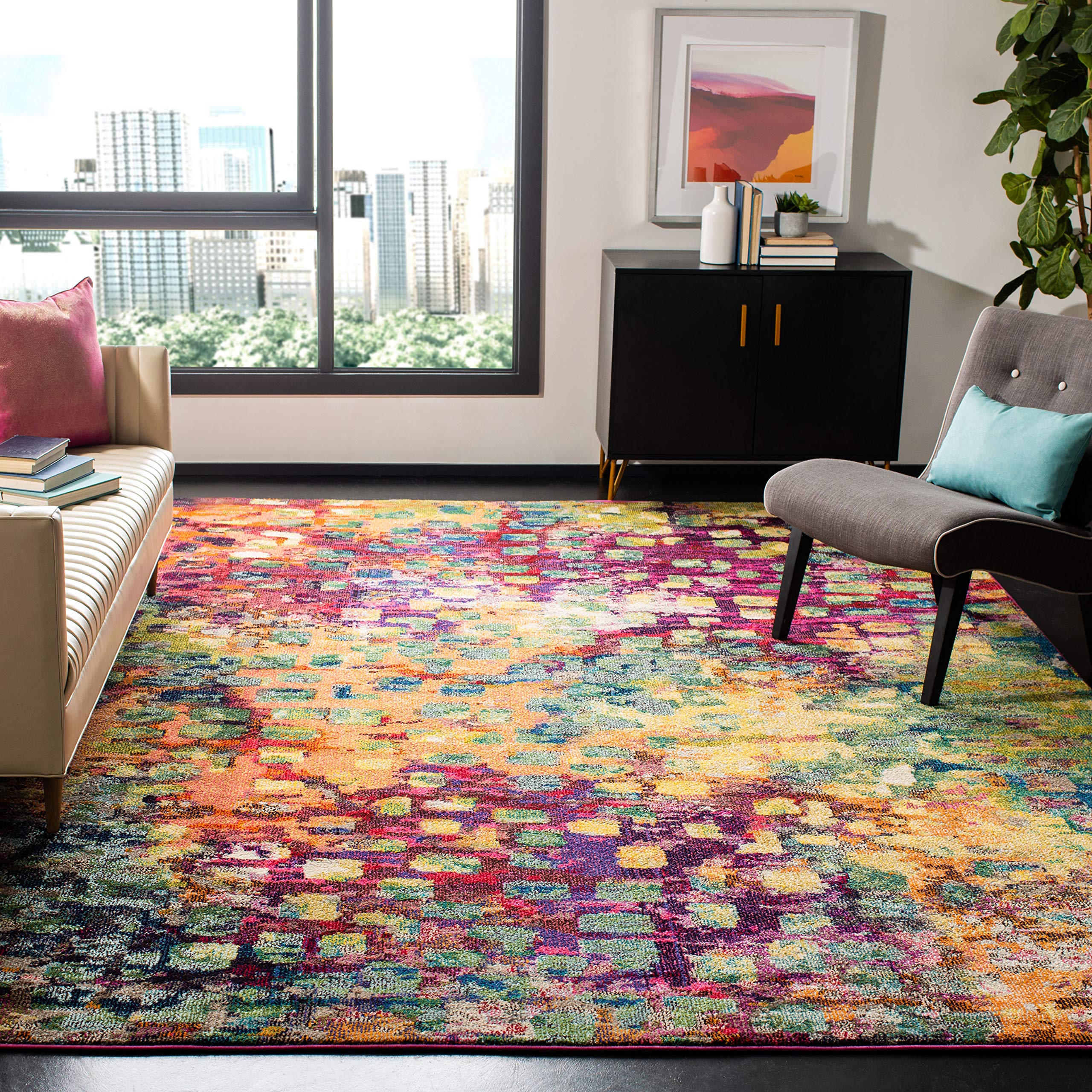 SAFAVIEH Monaco Collection Area Rug - 67 x 92, Pink & Multi, Boho Chic Abstract Watercolor Design, Non-Shedding & Easy Care, I