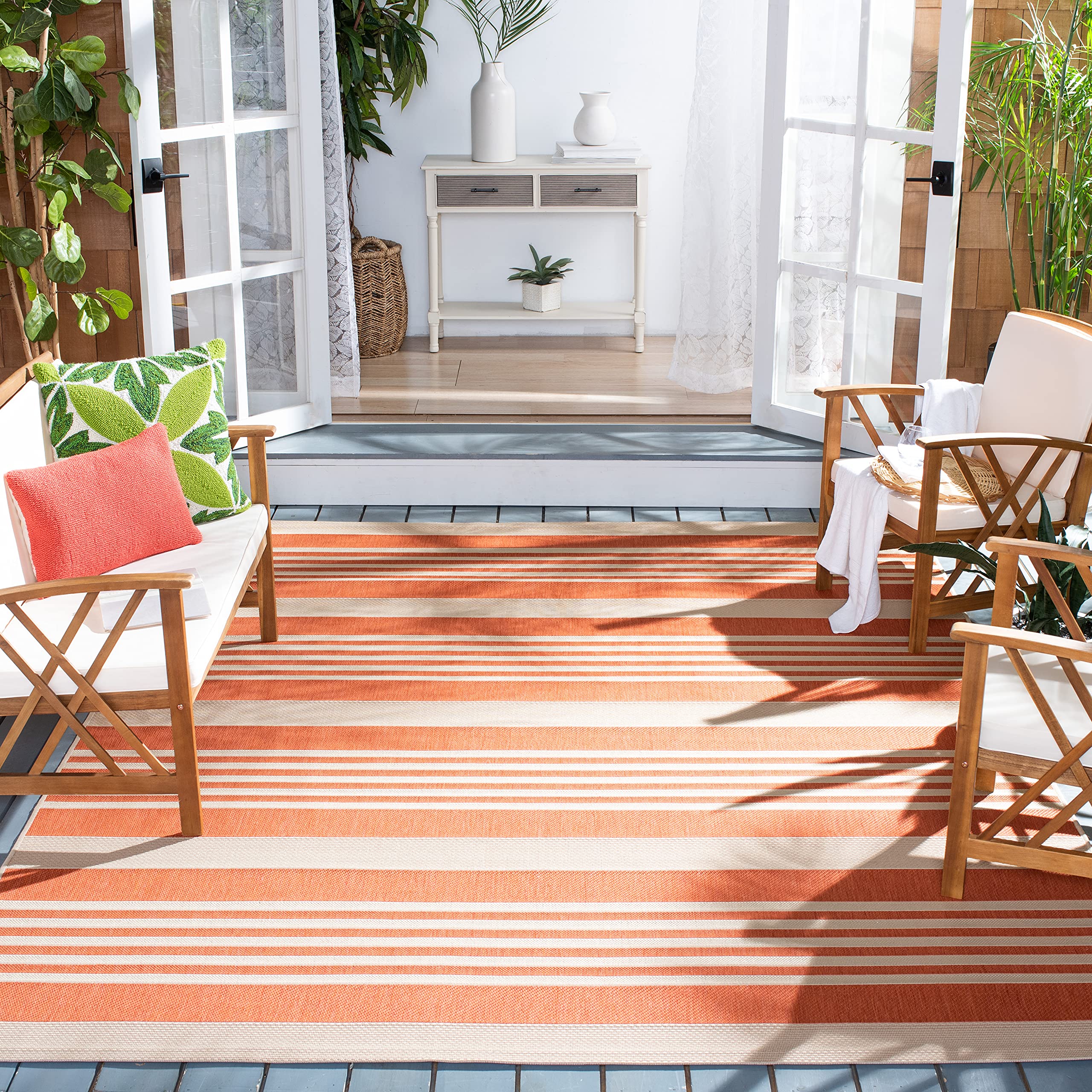 SAFAVIEH Courtyard Collection Area Rug - 6'7'' x 9'6'', Terracotta & Beige, Stripe Design, Non-Shedding & Easy Care, Indoor/Outd