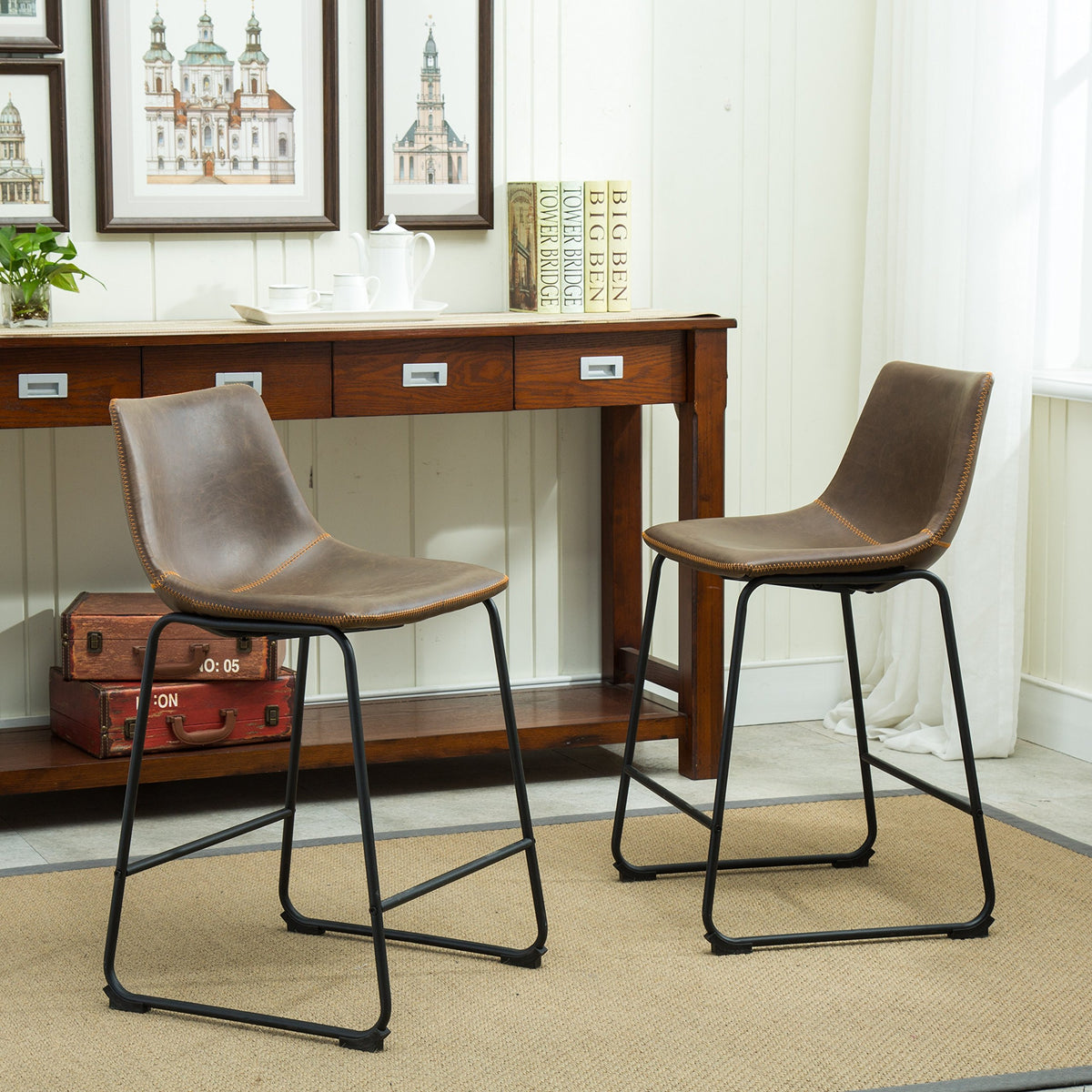 Roundhill Furniture Lotusville Vintage PU Leather Counter Height Stools, Antique Gray, Set of 2