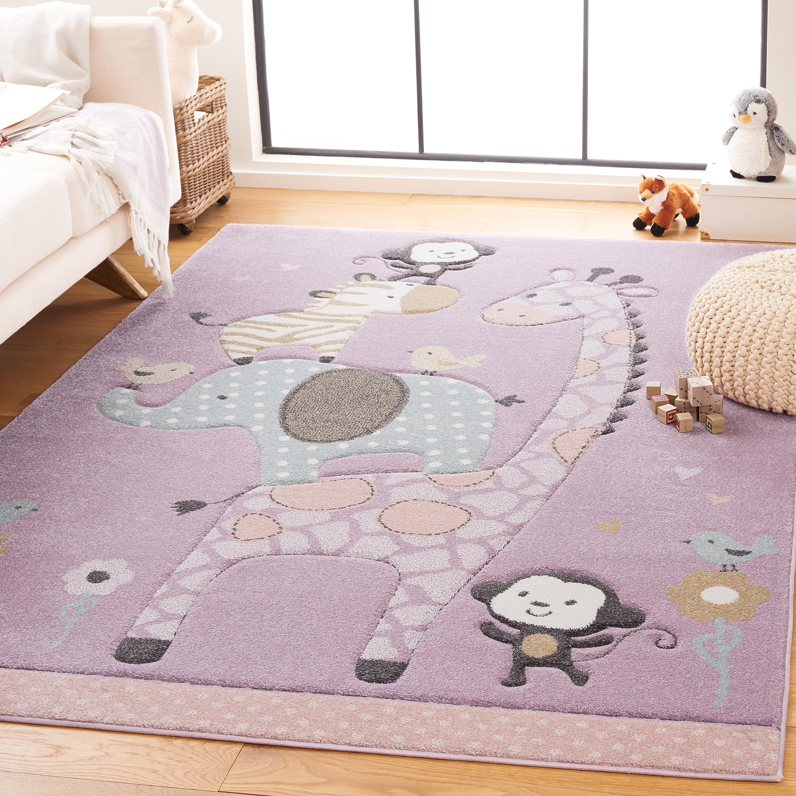 SAFAVIEH Carousel Kids Collection Area Rug - 53 Square, Purple, Animal Design, Ideal for High Traffic Area for Boys & Girls in 