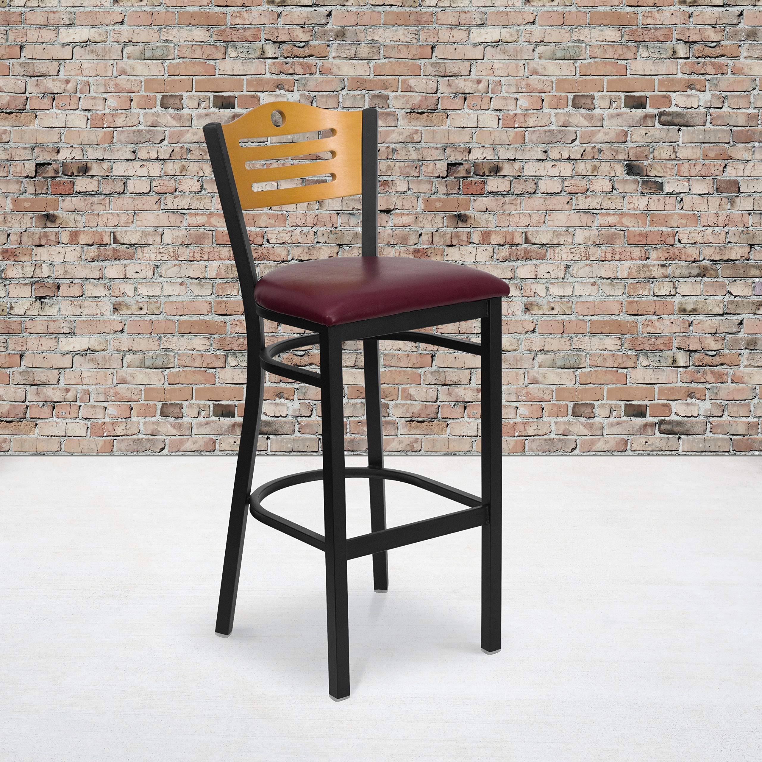 Flash Furniture Hercules Series Black Slat Back Metal Restaurant Barstool - Natural Wood Back, Burgundy Vinyl Seat