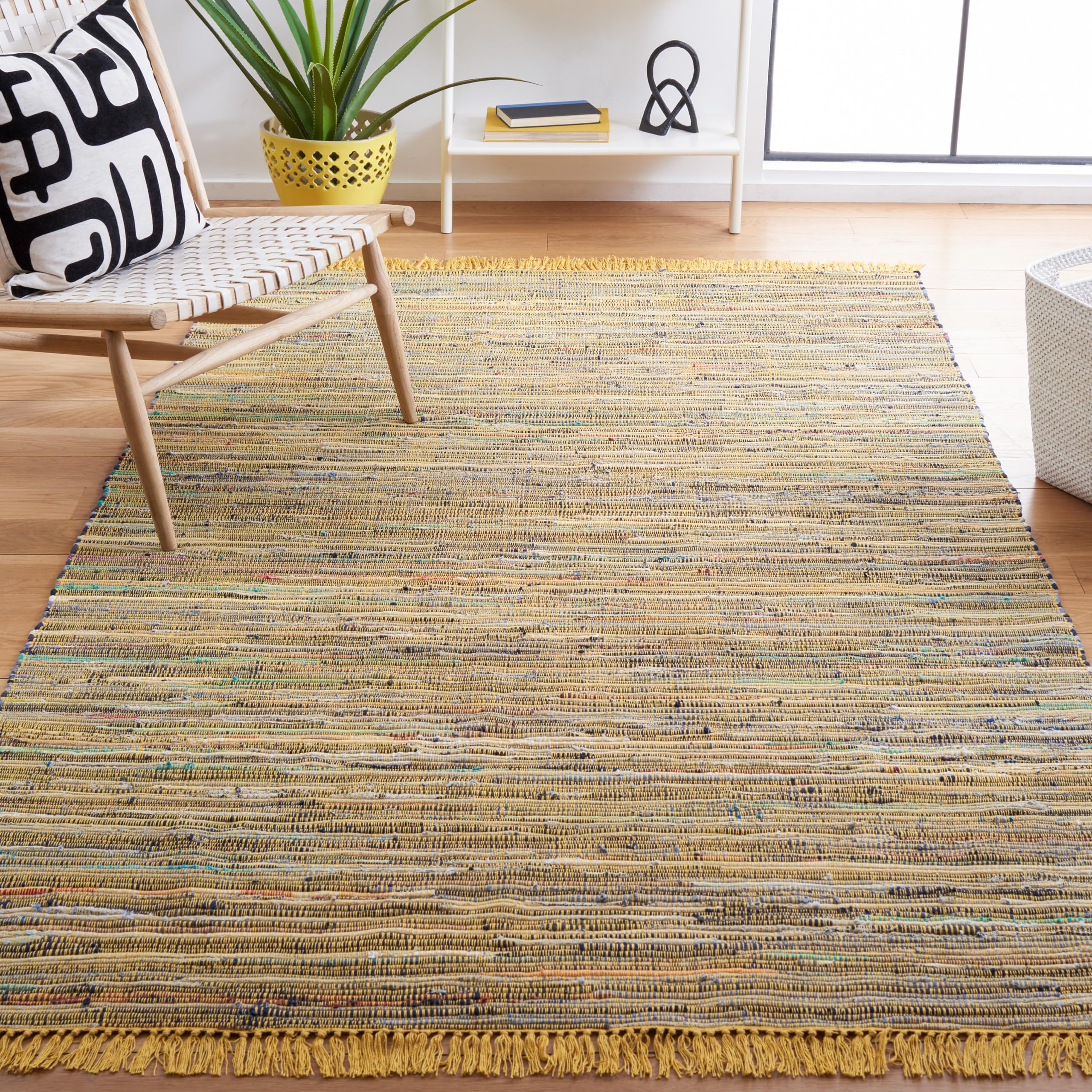 SAFAVIEH Rag Rug Collection Area Rug - 5 x 8, Yellow & Multi, Handmade Boho Stripe Cotton, Ideal for High Traffic Areas in Liv