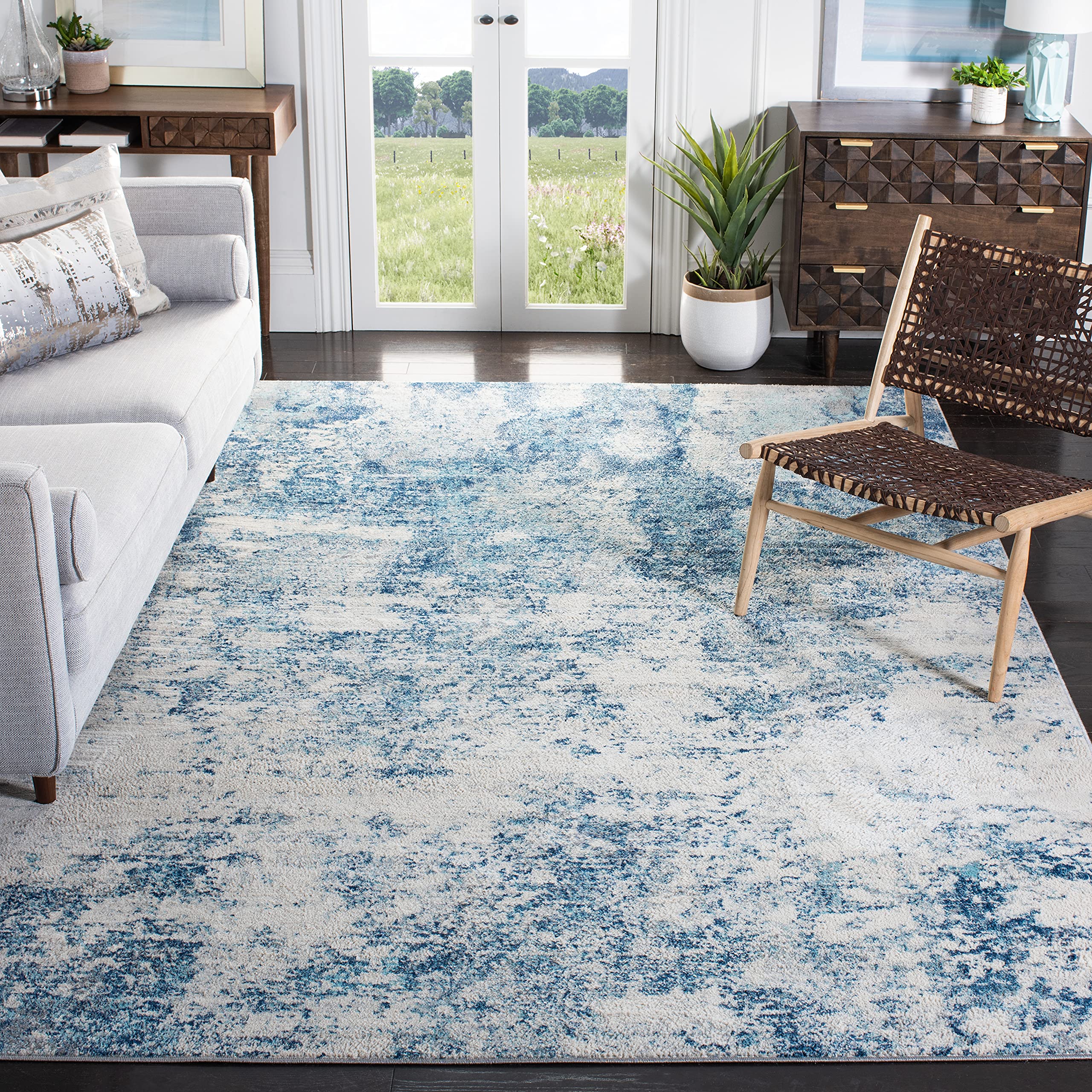 SAFAVIEH Brentwood Collection X-Large Area Rug - 11 x 15, Ivory & Navy, Modern Abstract Design, Non-Shedding & Easy Care, Idea