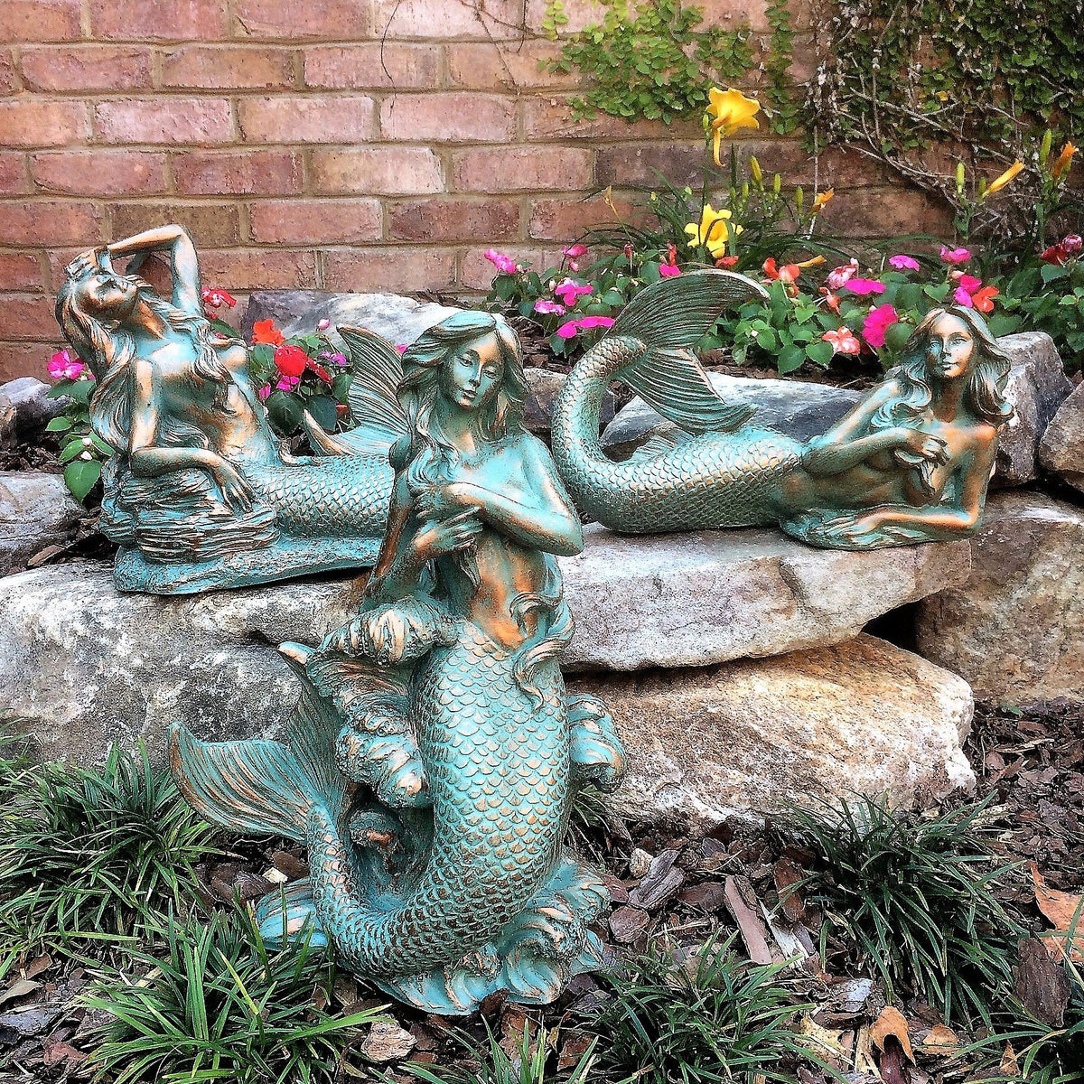 3 Piece Mermaid Table Top Bronze Patina Beach And Pool Statues