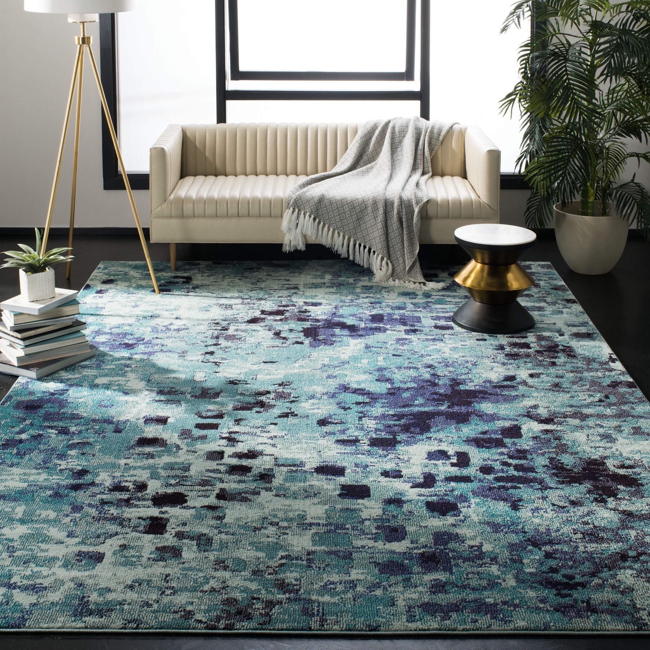 SAFAVIEH Monaco Collection Area Rug - 8 x 10, Light Blue & Multi, Boho Chic Abstract Watercolor Design, Non-Shedding & Easy Ca