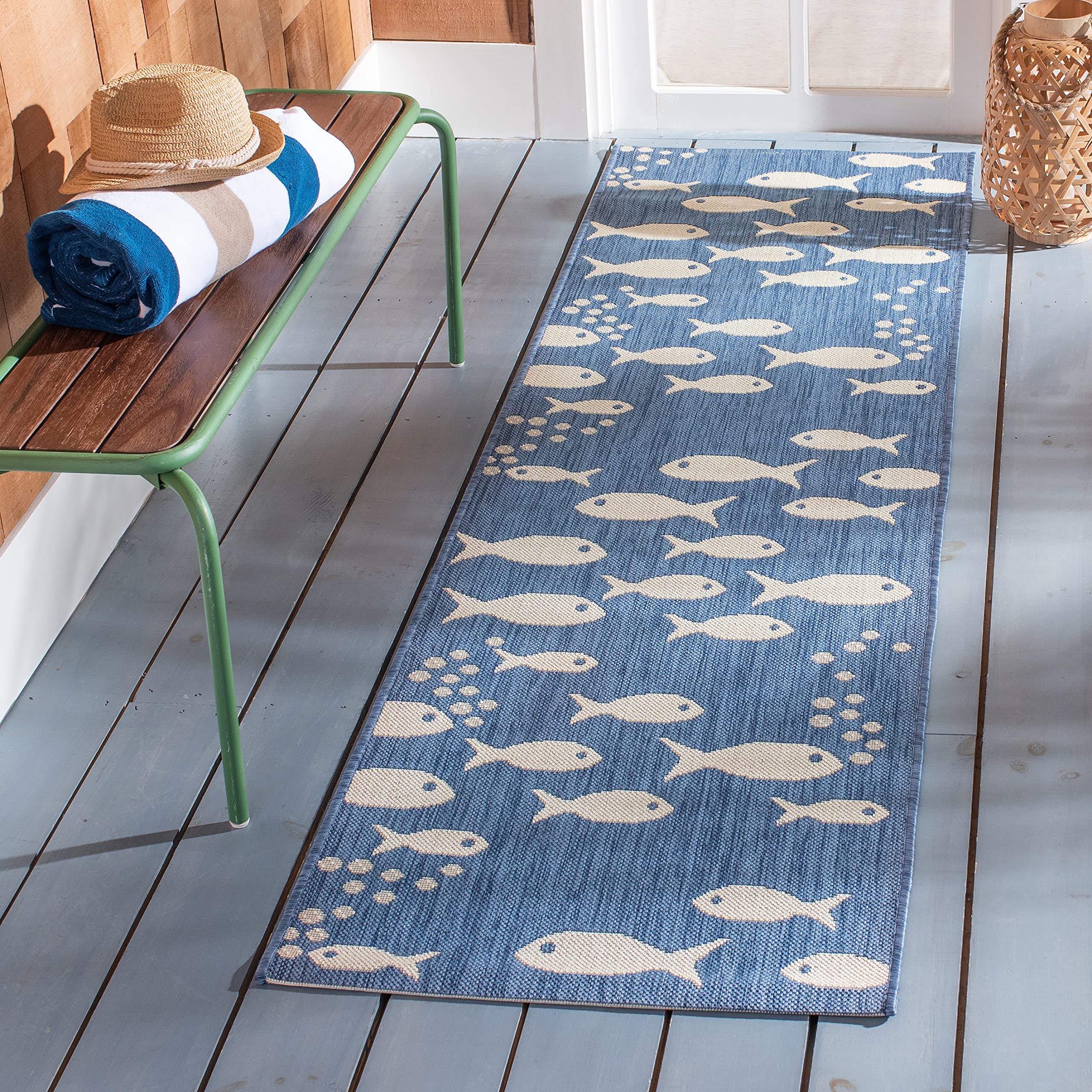 Safavieh Courtyard Collection Runner Rug - 2'3' X 14', Blue & Beige, Non-Shedding & Easy Care, Indoor/Outdoor & Washable-Ideal