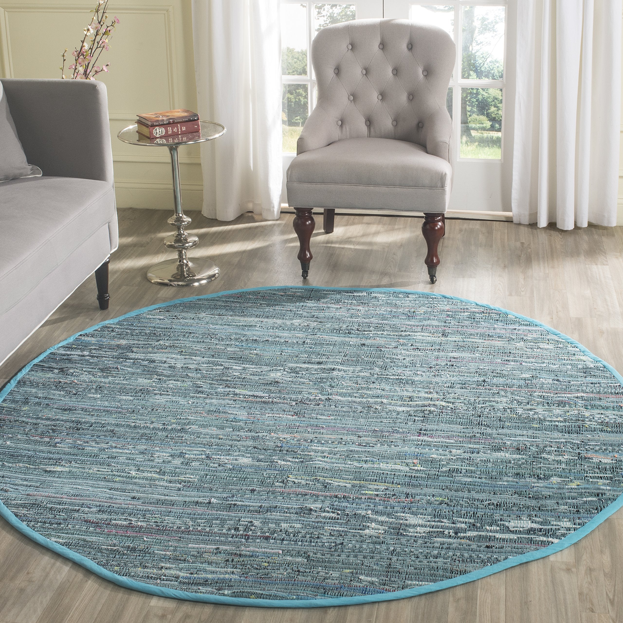 SAFAVIEH Rag Rug Collection Area Rug - 4 Round, Blue & Multi, Handmade Boho Stripe Cotton, Ideal for High Traffic Areas in Livi
