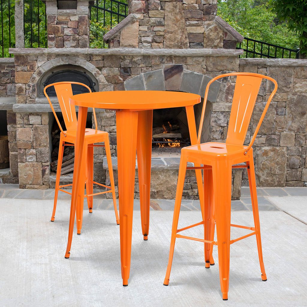 Flash Furniture Commercial Grade 30" Round Orange Metal Indoor-Outdoor Bar Table Set With 2 Cafe Stools