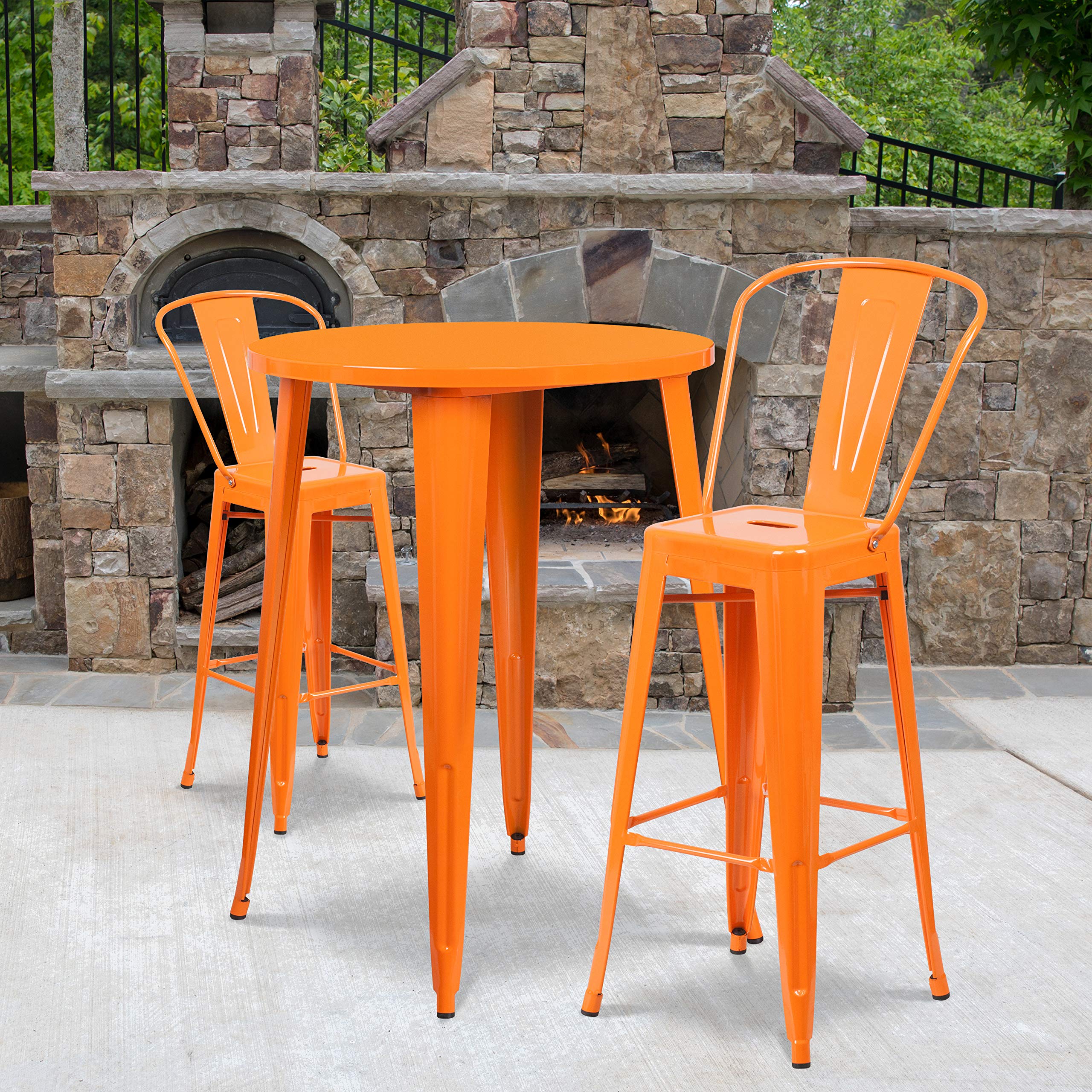 Flash Furniture Commercial Grade 30" Round Orange Metal Indoor-Outdoor Bar Table Set With 2 Cafe Stools