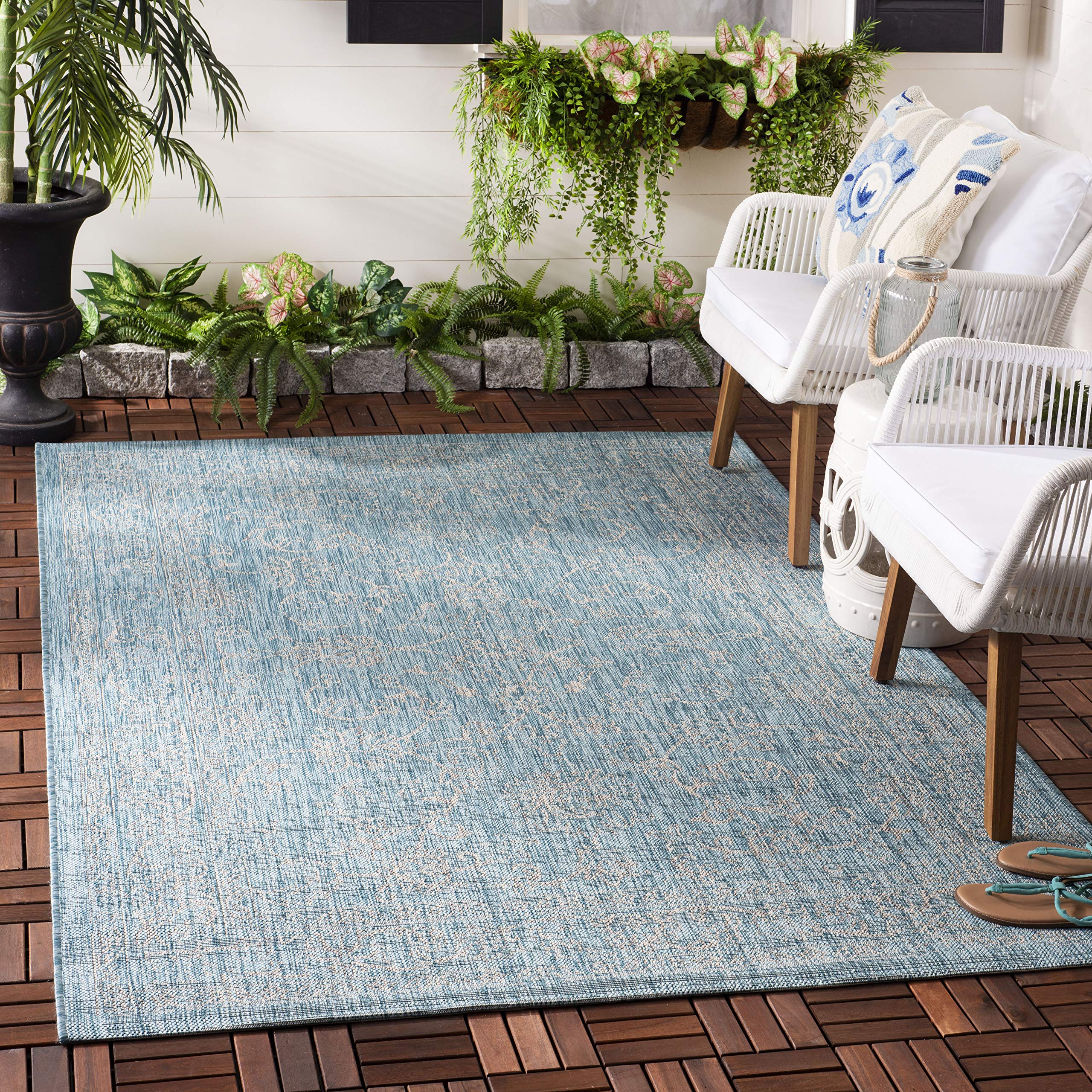 Safavieh Courtyard Collection 4' X 5'7' Aqua/Grey Cy8680 Indoor/ Outdoor Patio Backyard Mudroom Accent Rug