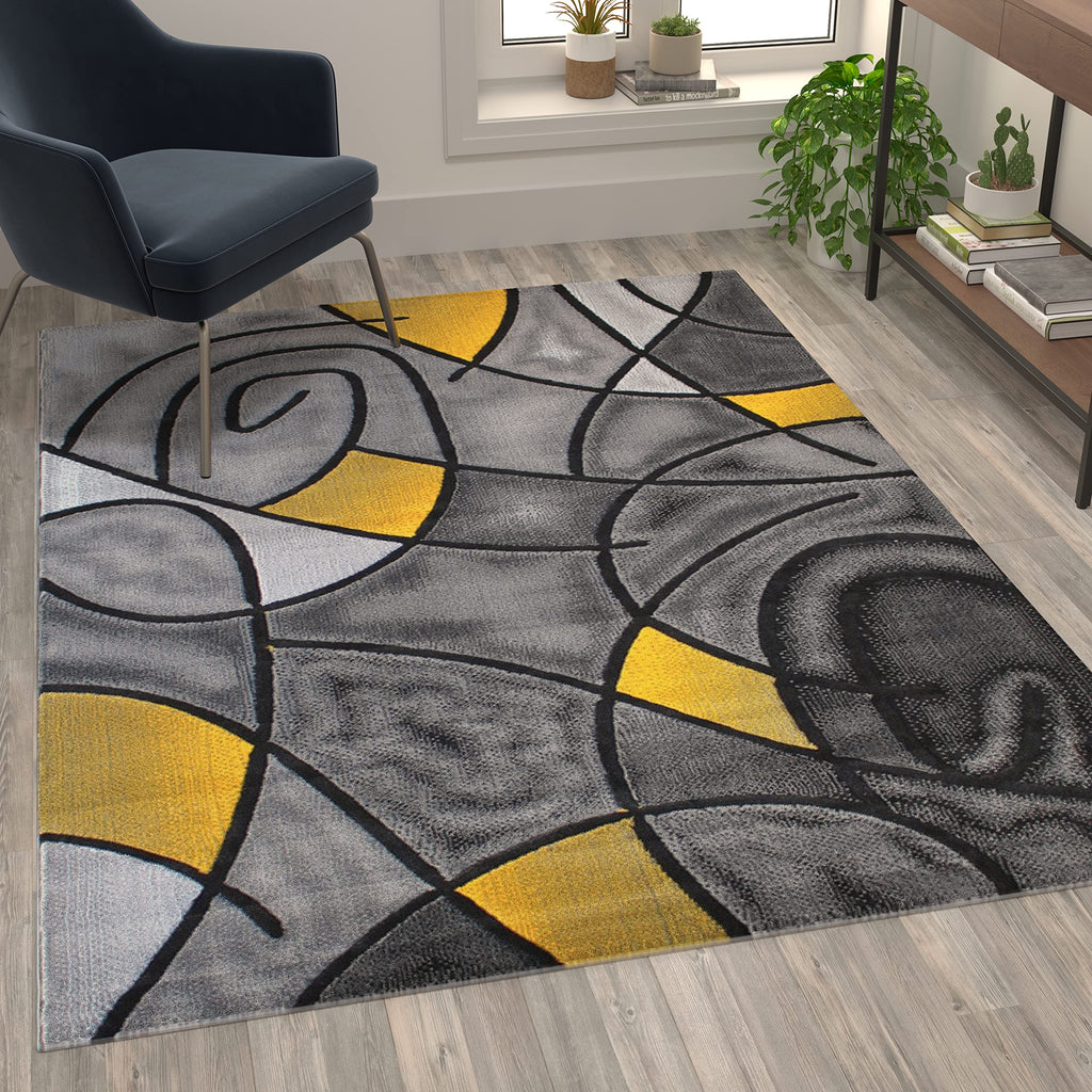 Flash Furniture Jubilee Collection Abstract Area Rug - Colorfast Yellow Olefin Rug - 5' X 7' Area Rug - Jute Backing - Living Room, Bedroom, & Family Room