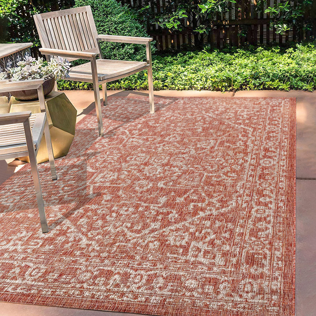 Jonathan Y Smb104A-8 Malta Bohemian Medallion Textured Weave Indoor Outdoor Area R.U.G, Coastal, Traditional, Transitional Easy, Bedroom,Kitchen,Backyard,Patio,Non Shedding, Red/Taupe, 8 X 10