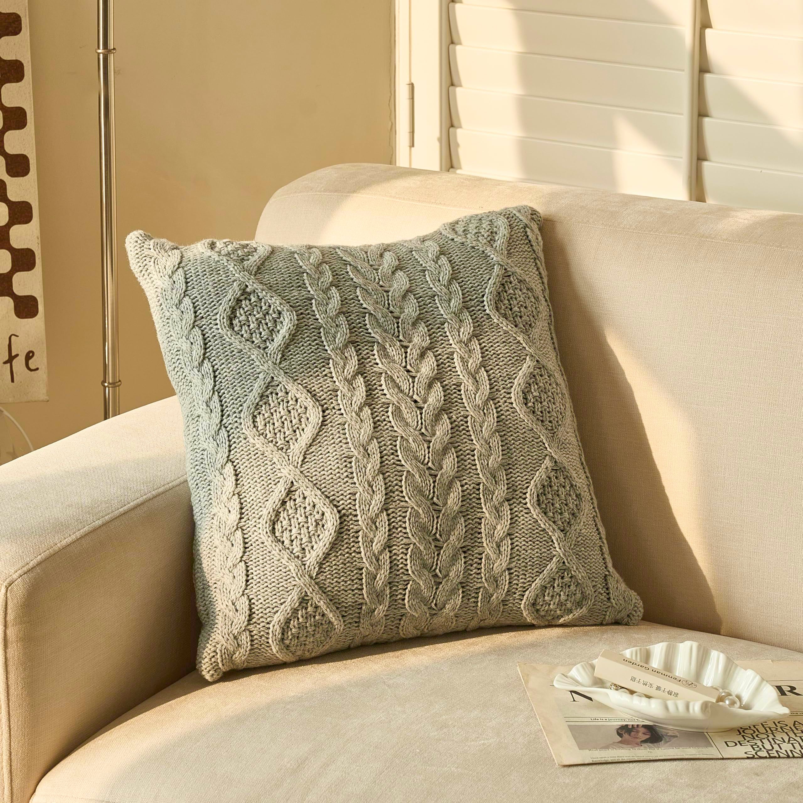 Dokot Grey Knit Throw Pillow Cover Decorative Cable Braid And Diamond Knitting Square Warm Cushion Cover (Light Gray, (18X18 Inc