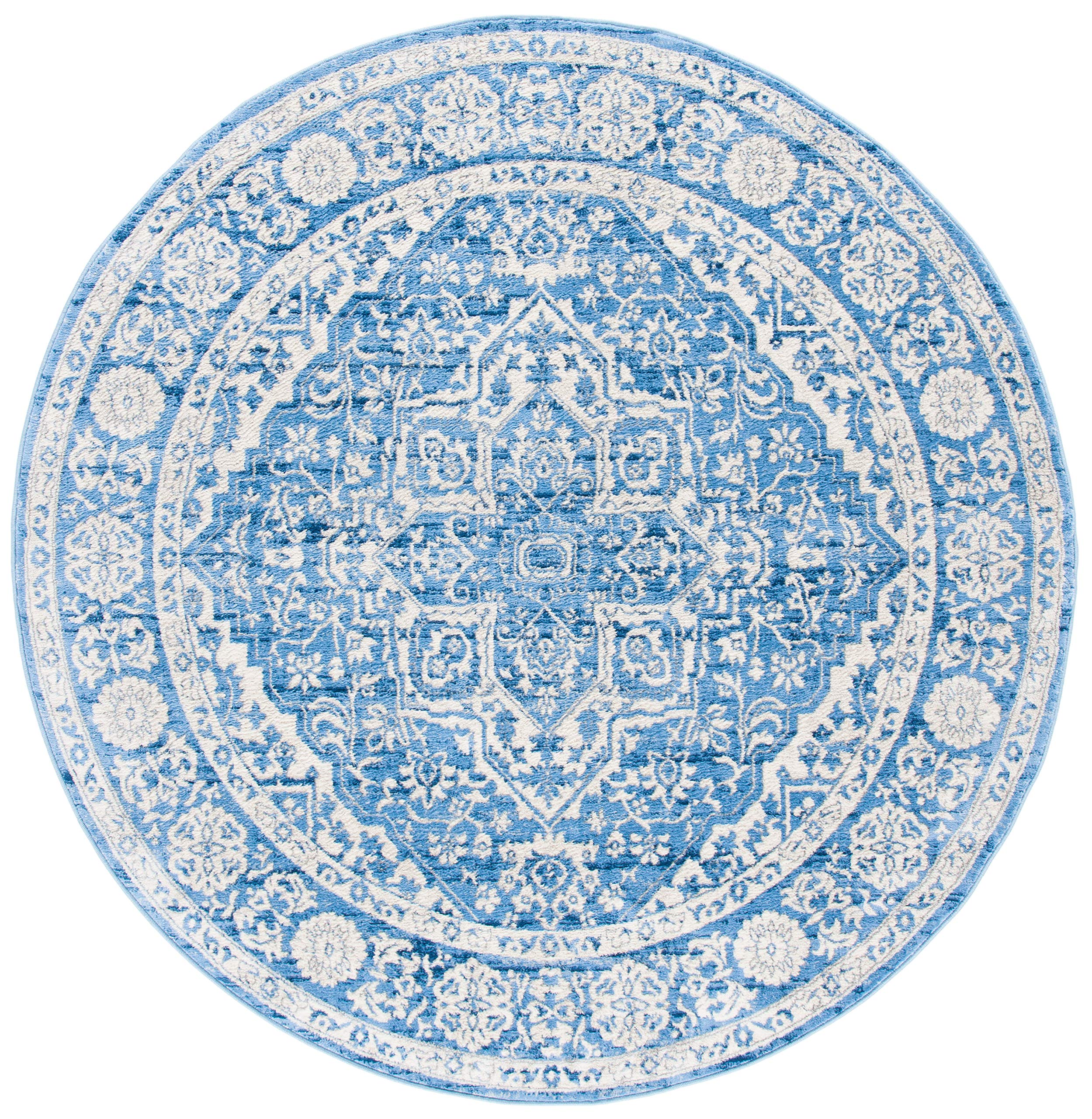 Safavieh Brentwood Collection 6'7'' Round Ivory / Navy Bnt832A Medallion Distressed Non-Shedding Dining Room Entryway Foyer Livi