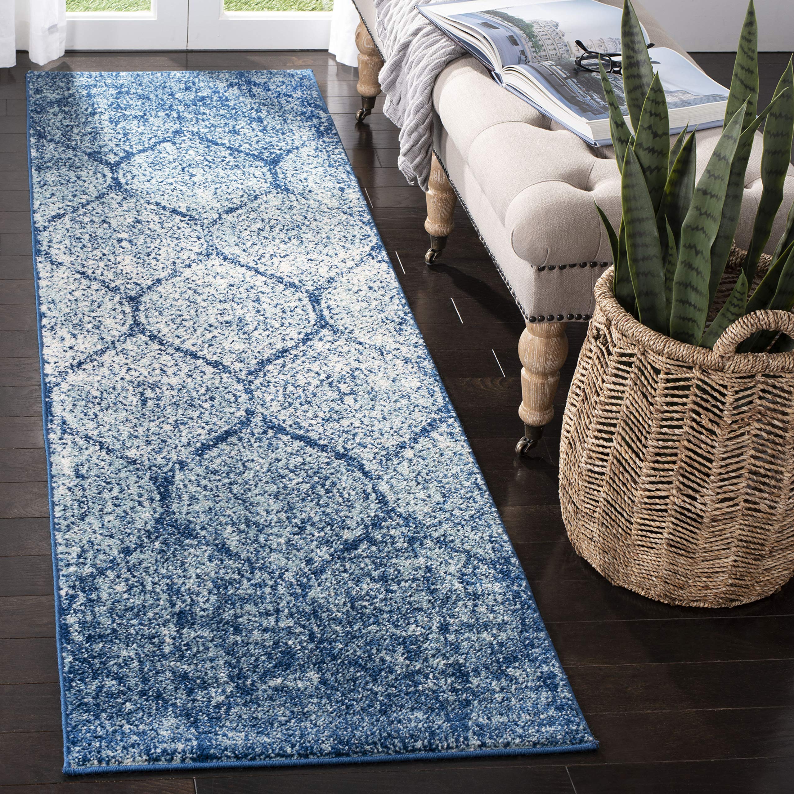 SAFAVIEH Madison Collection Accent Rug - 23 x 4, Navy & Blue, Glam Ogee Trellis Distressed Design, Non-Shedding & Easy Care, I