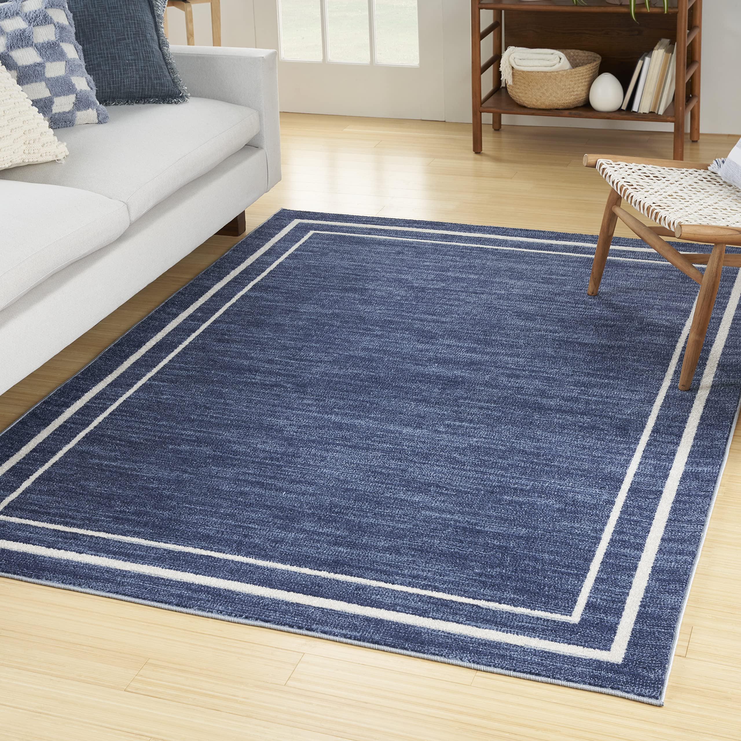 Nourison Essentials Indoor/Outdoor Solid Bordered Navy/Ivory 4' X 6' Area Rug, Easy Cleaning, Non Shedding, Bed Room, Living Roo
